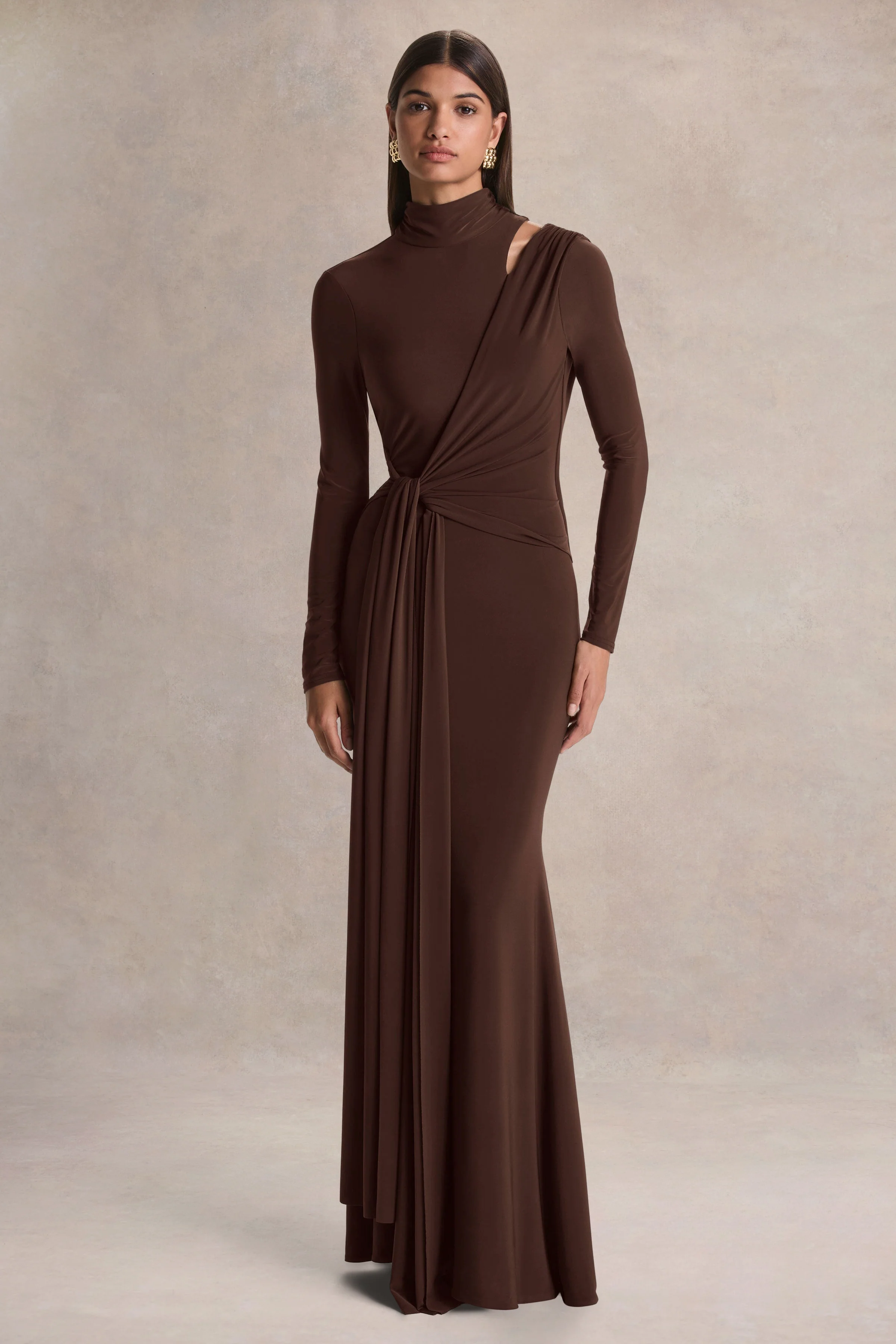 Alastrina | Brown High-Neck Maxi Dress With Gathered-Detailing - Image 4