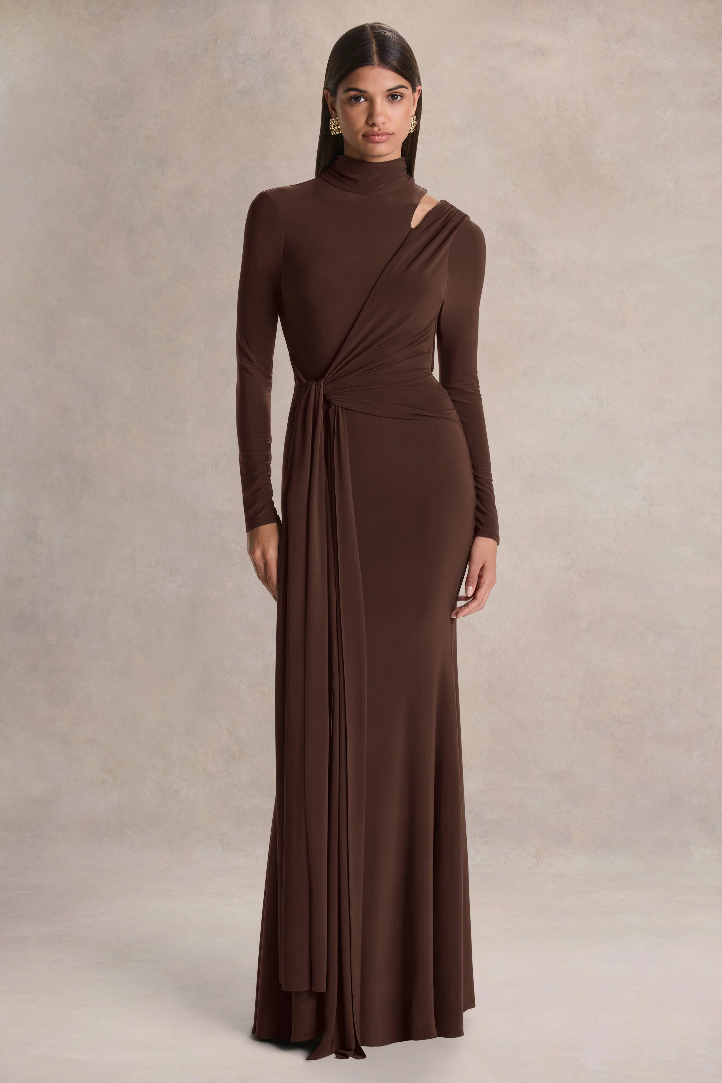 Alastrina | Brown High-Neck Maxi Dress With Gathered-Detailing - Image 5