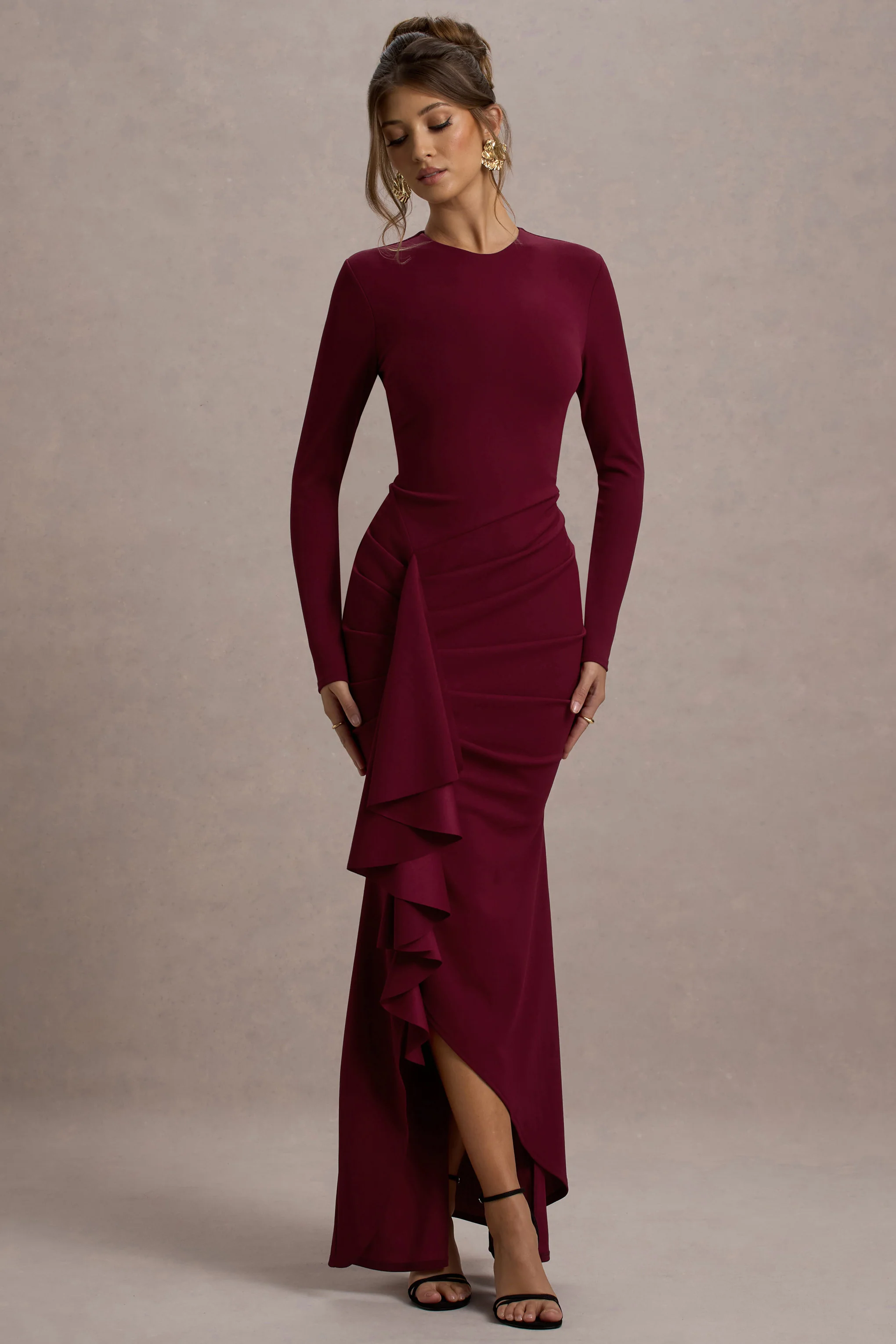 Alayna | Berry Long-Sleeve Maxi Dress With Ruffled Split - Image 5