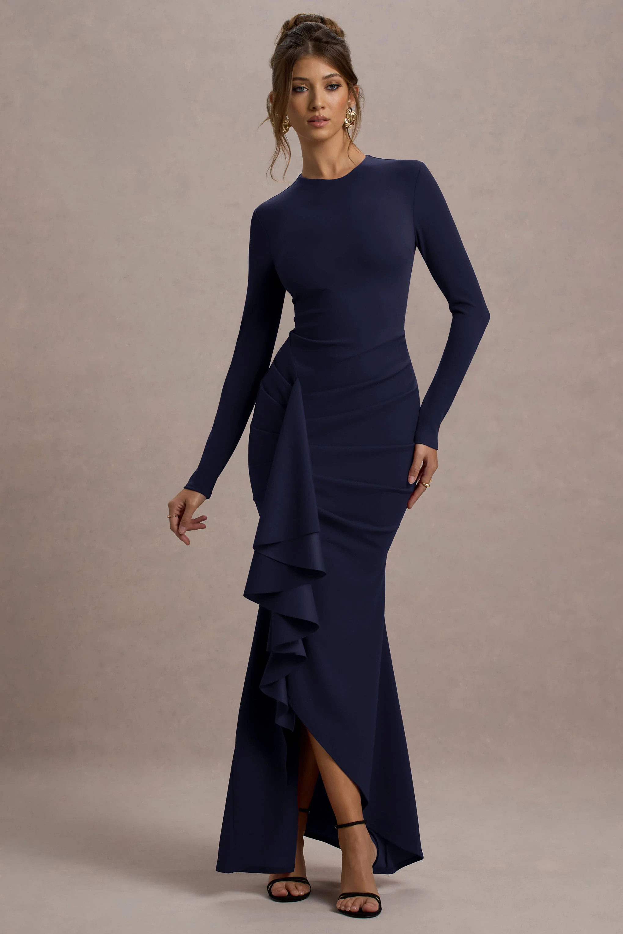 Alayna | Navy Long-Sleeve Maxi Dress With Ruffled Split - Image 5