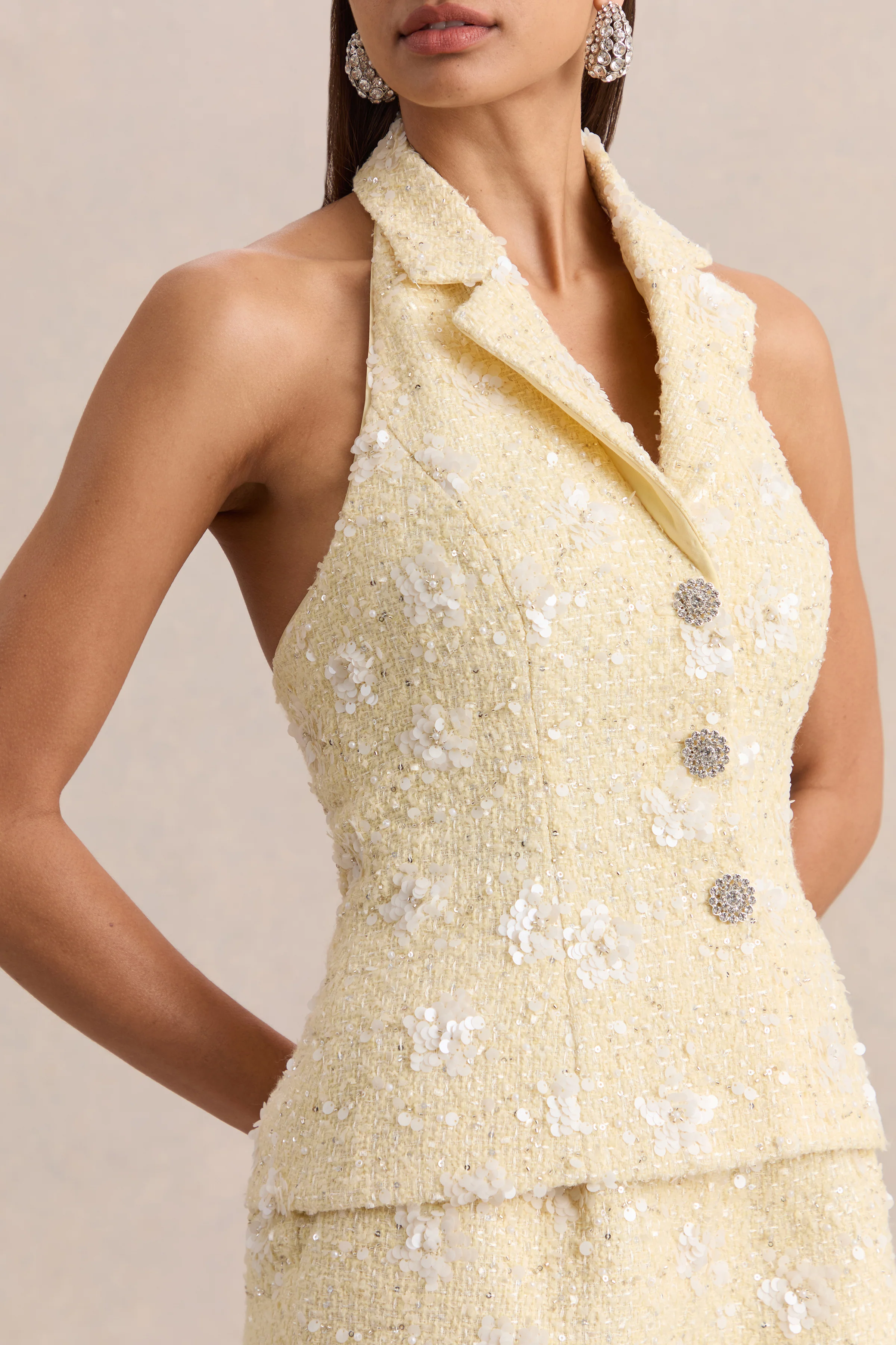 Alba | Lemon Boucle Plunge-Neck Crop-Top - Image 3