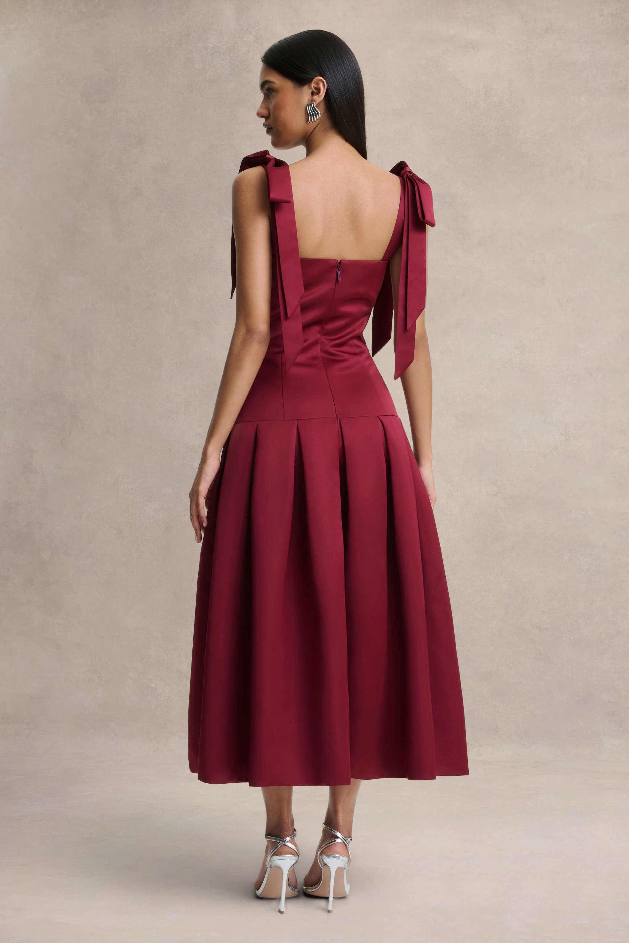 Alberta | Burgundy Satin Square-Neck Midi Dress With Bow Straps - Image 2
