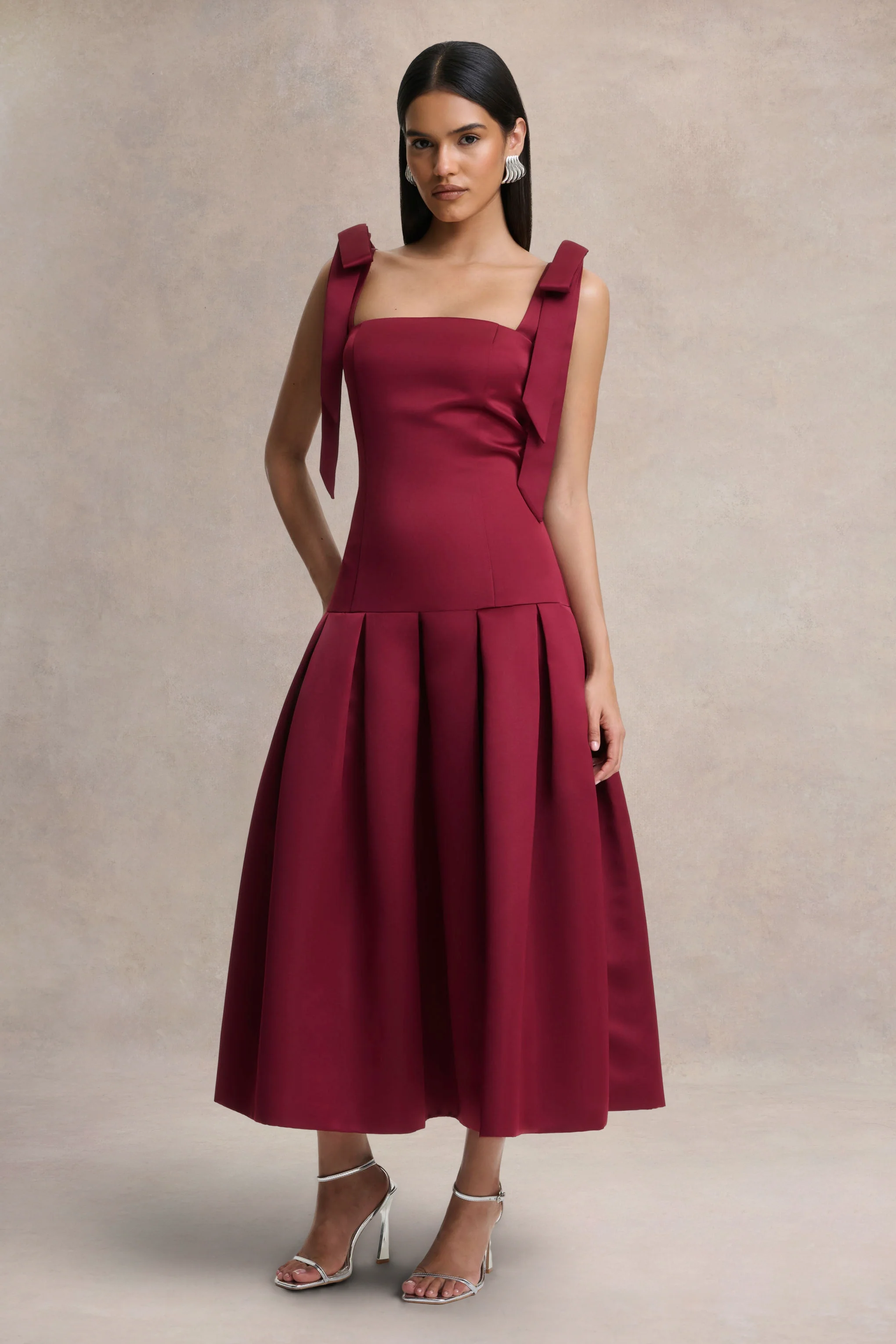 Alberta | Burgundy Satin Square-Neck Midi Dress With Bow Straps - Image 5