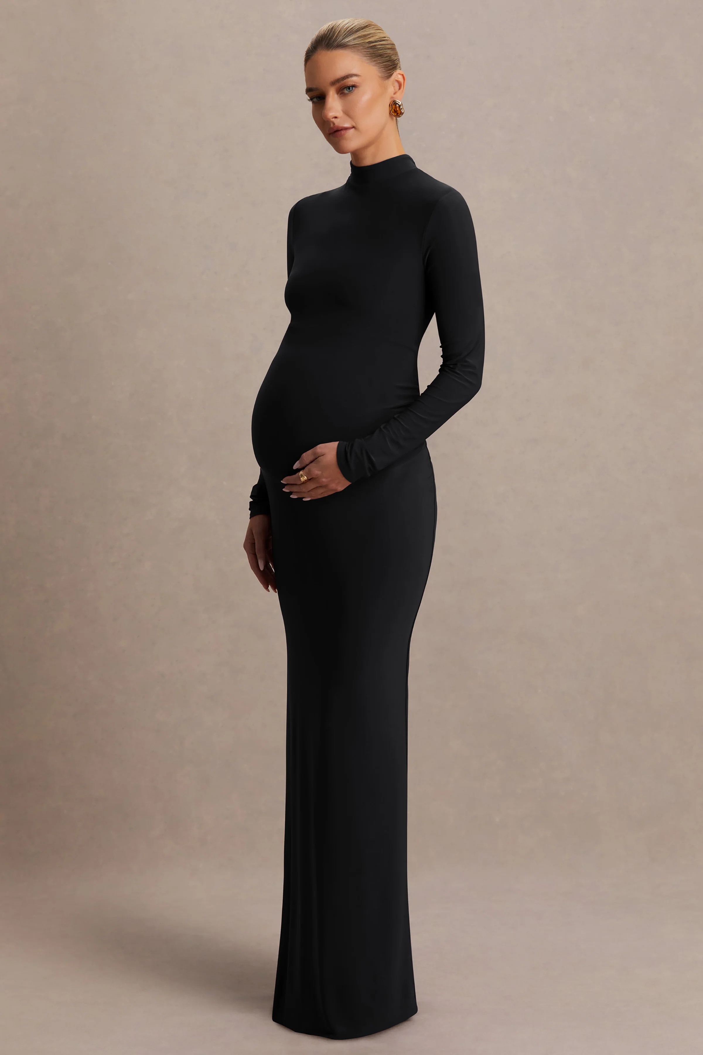 Alejandra | Black Maternity Long Sleeve High Neck Maxi Dress - Image 4
