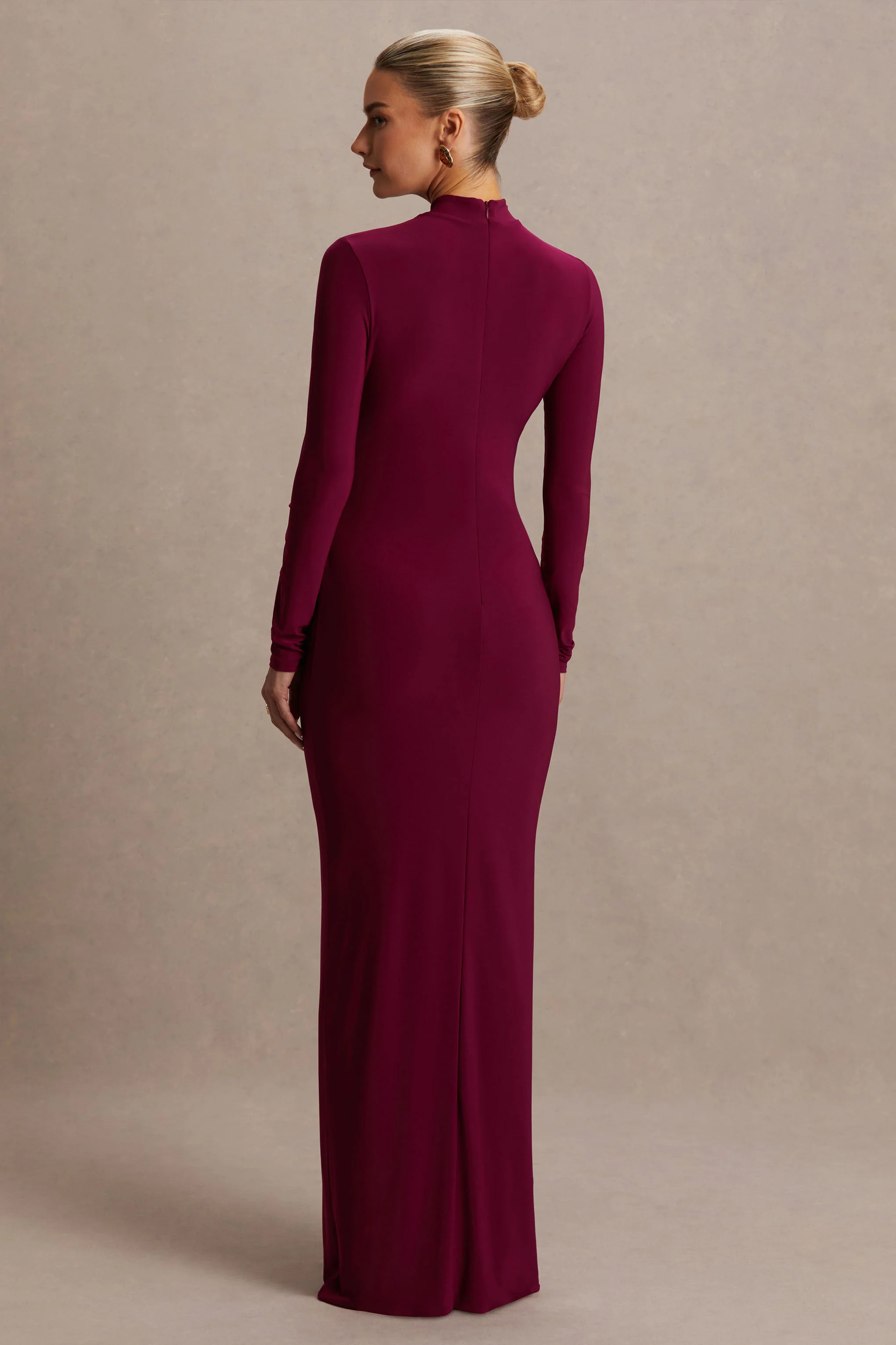 Alejandra | Burgundy Maternity Long Sleeve High Neck Maxi Dress - Image 2