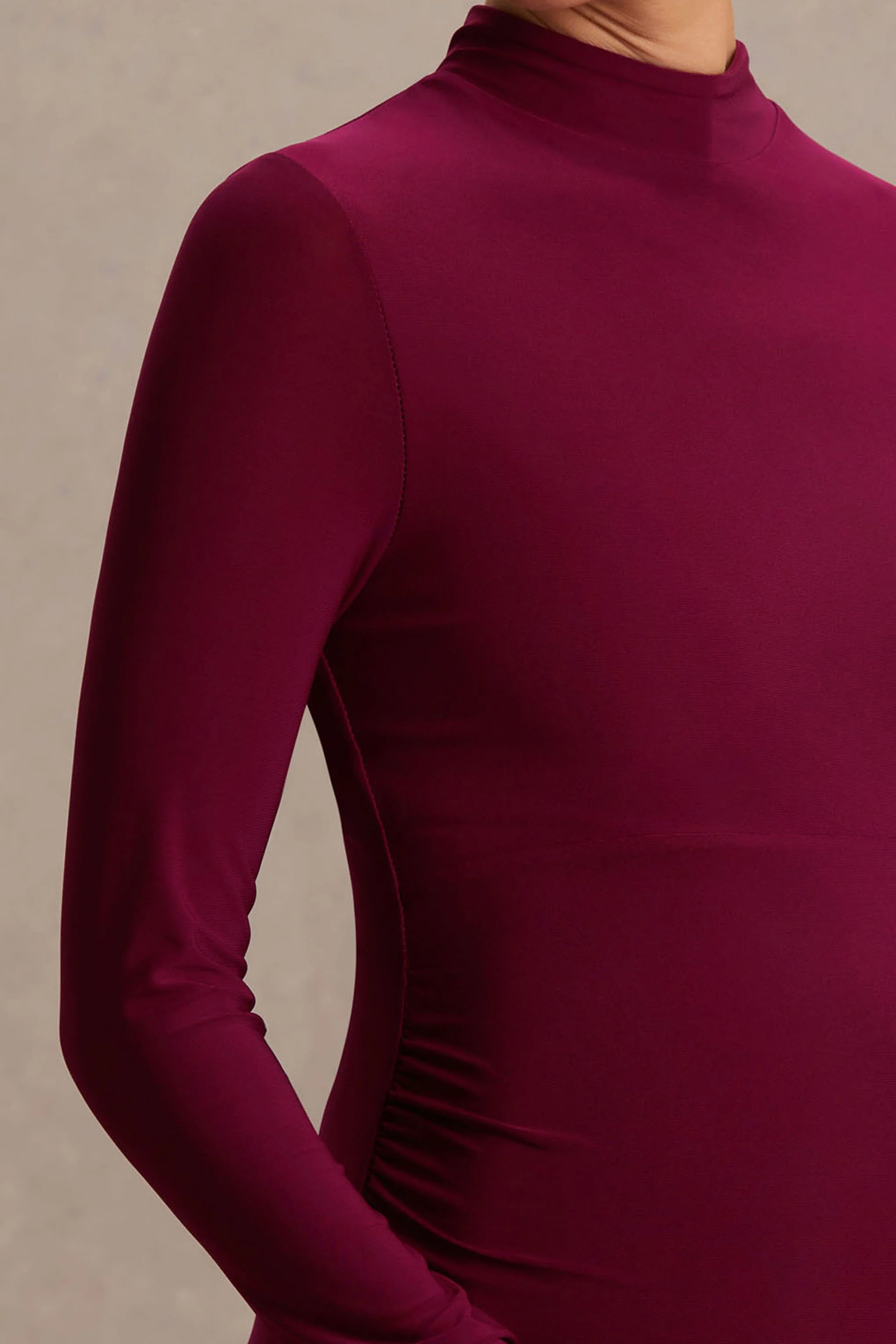 Alejandra | Burgundy Maternity Long Sleeve High Neck Maxi Dress - Image 3