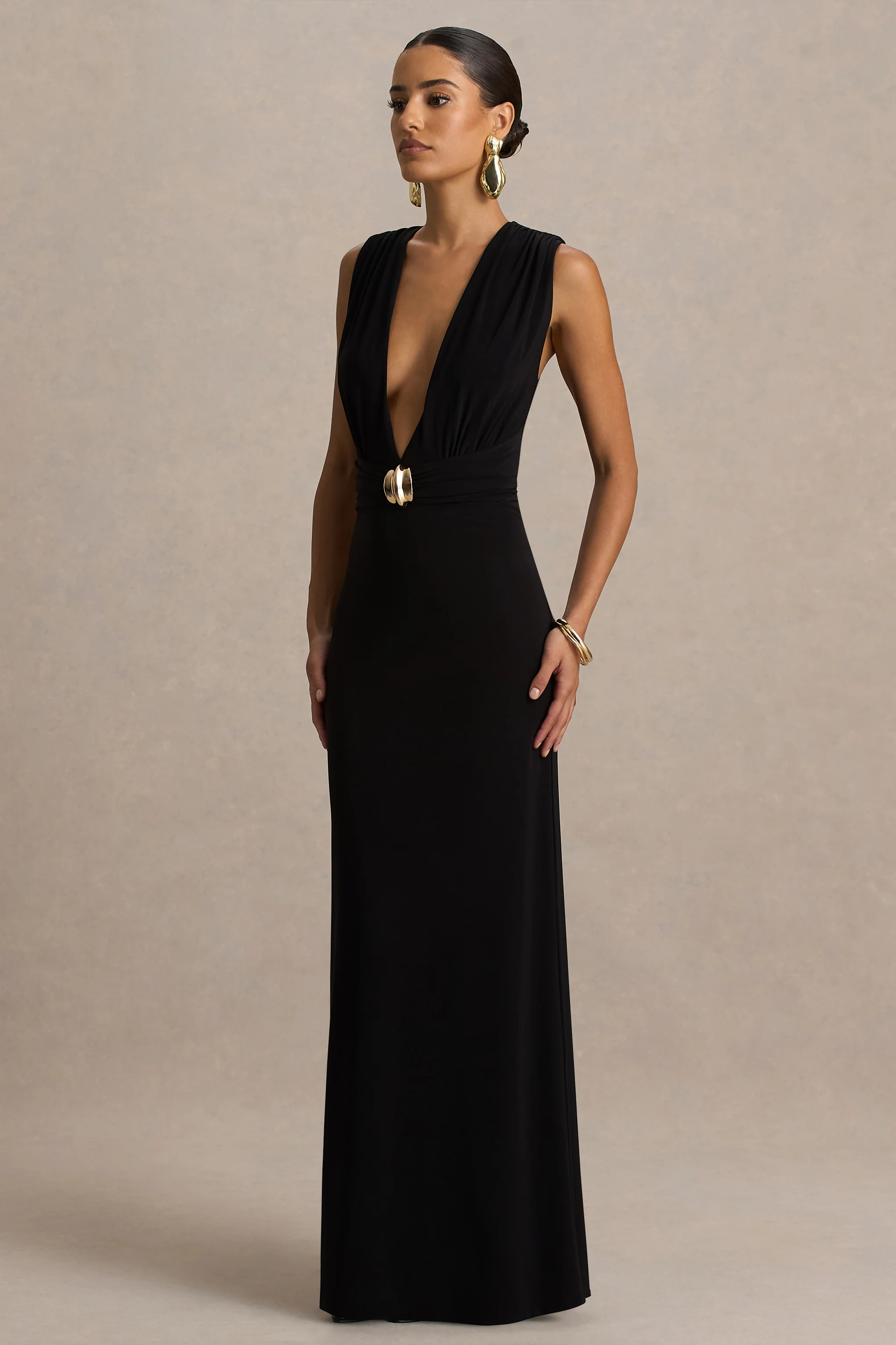 Alena | Black Extreme-Plunge Neck Maxi Dress With Gold Detail - Image 3