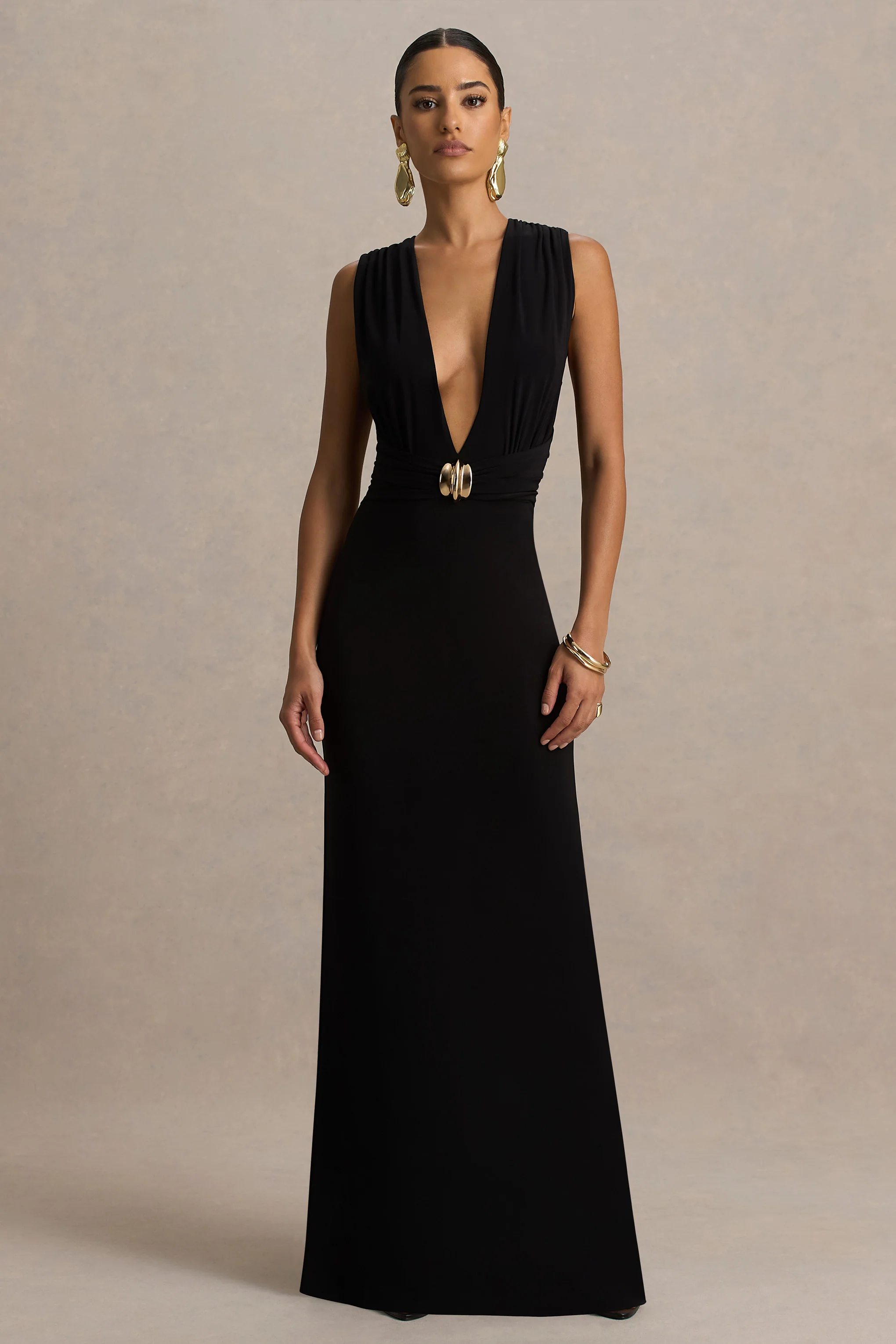 Alena | Black Extreme-Plunge Neck Maxi Dress With Gold Detail - Image 5
