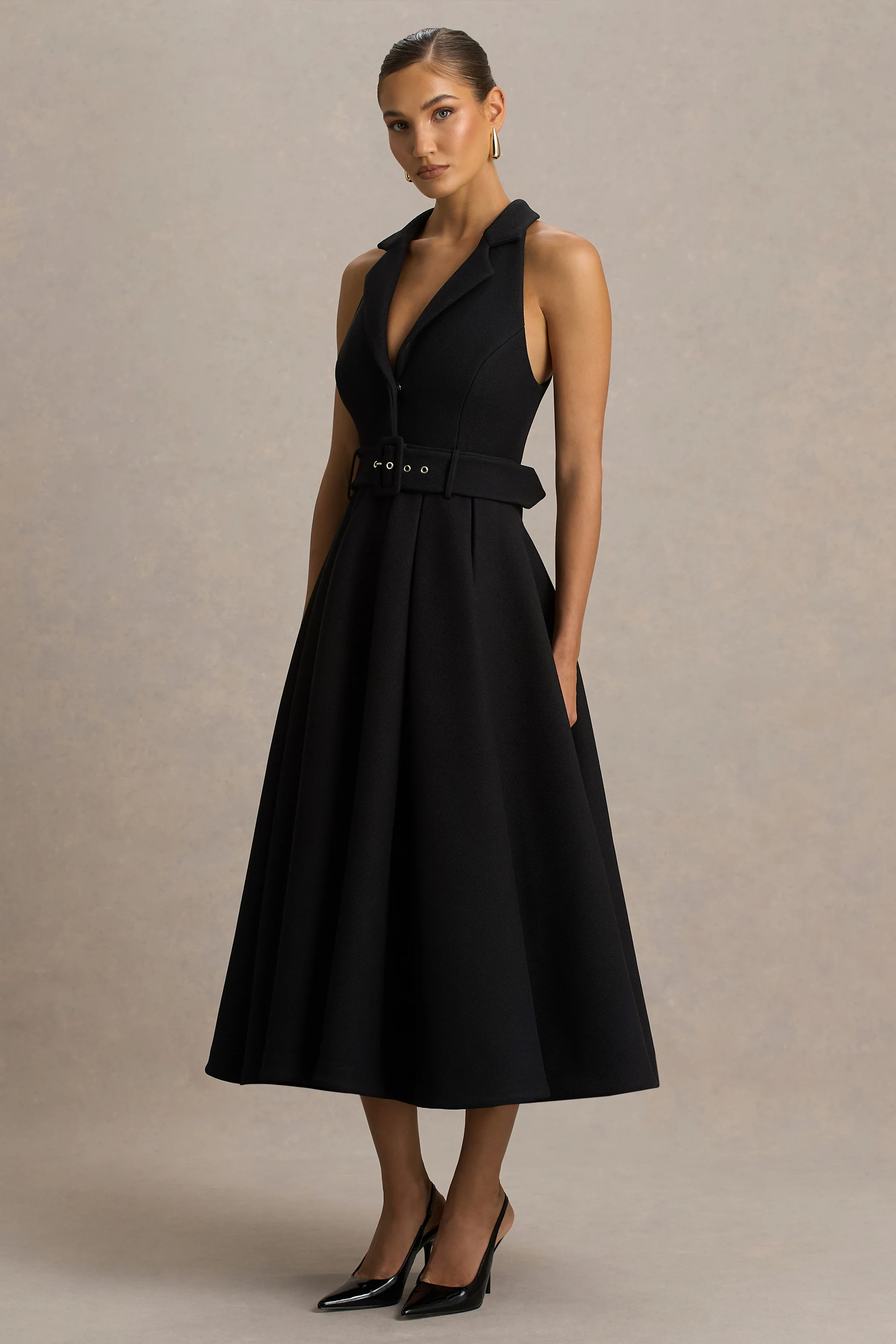 Alessa | Black Plunge-Neck Tailored Midi Dress - Image 4