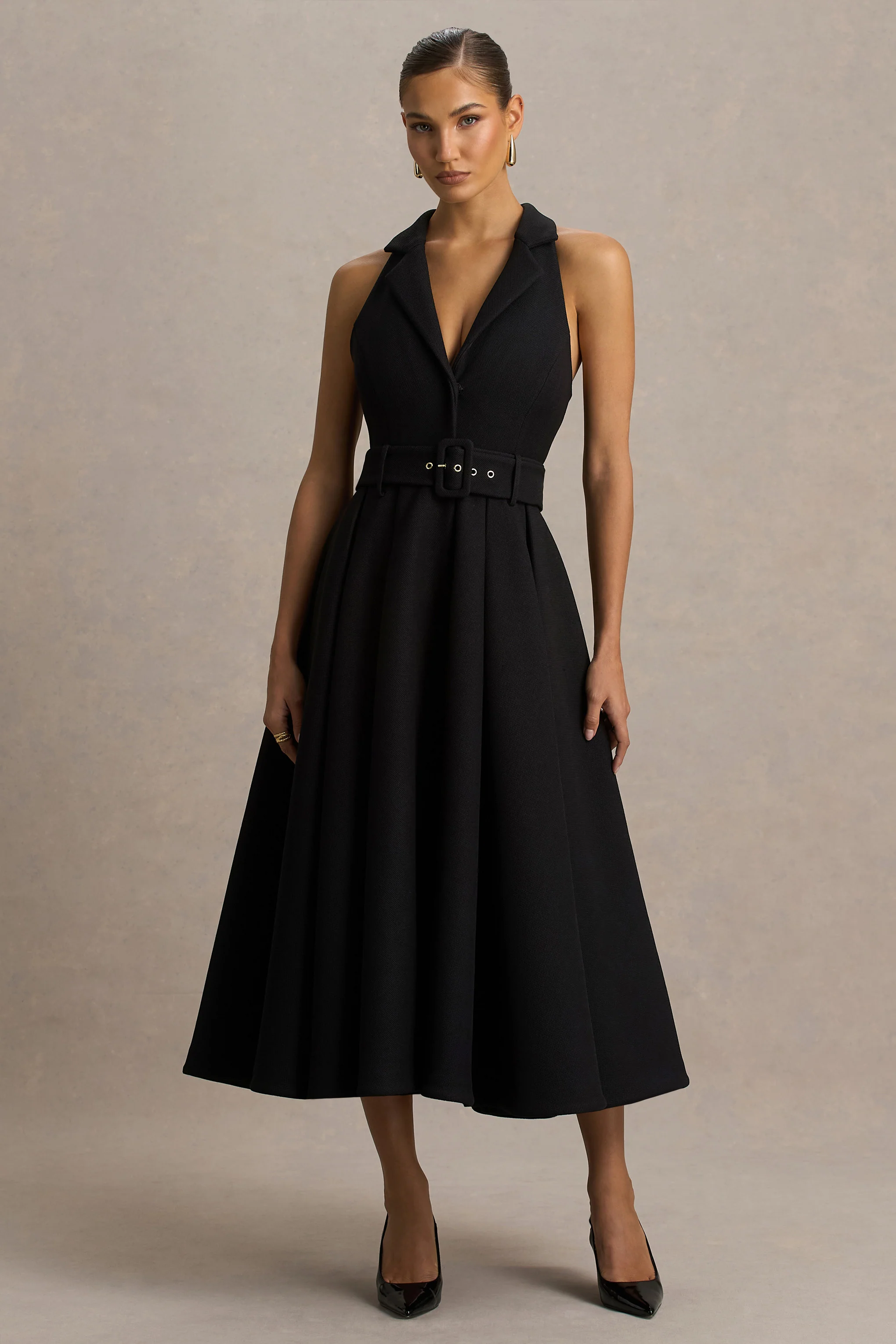 Alessa | Black Plunge-Neck Tailored Midi Dress - Image 5