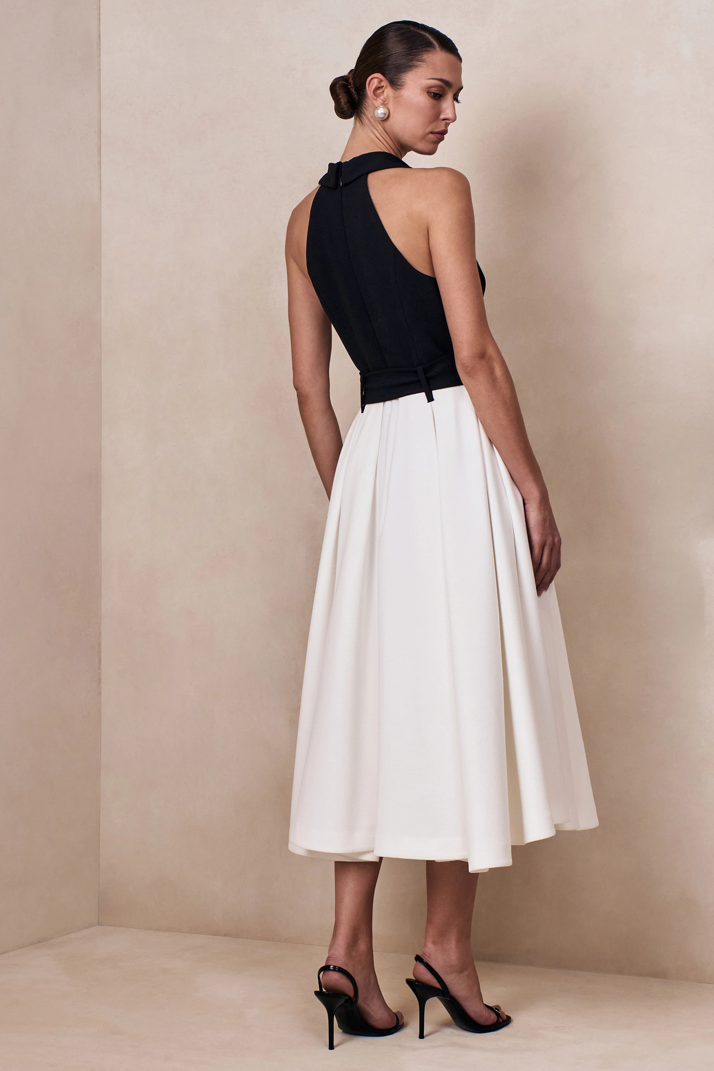 Alessa | Black & White Plunge-Neck Tailored Midi Dress - Image 4