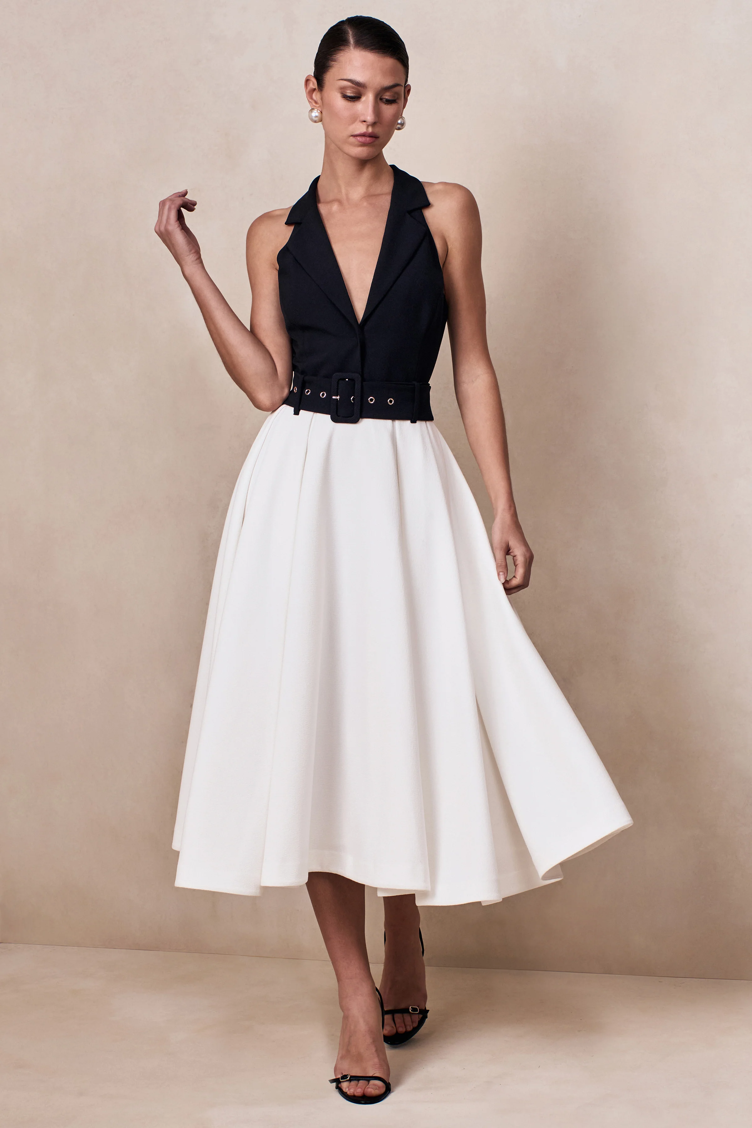 Alessa | Black & White Plunge-Neck Tailored Midi Dress - Image 6