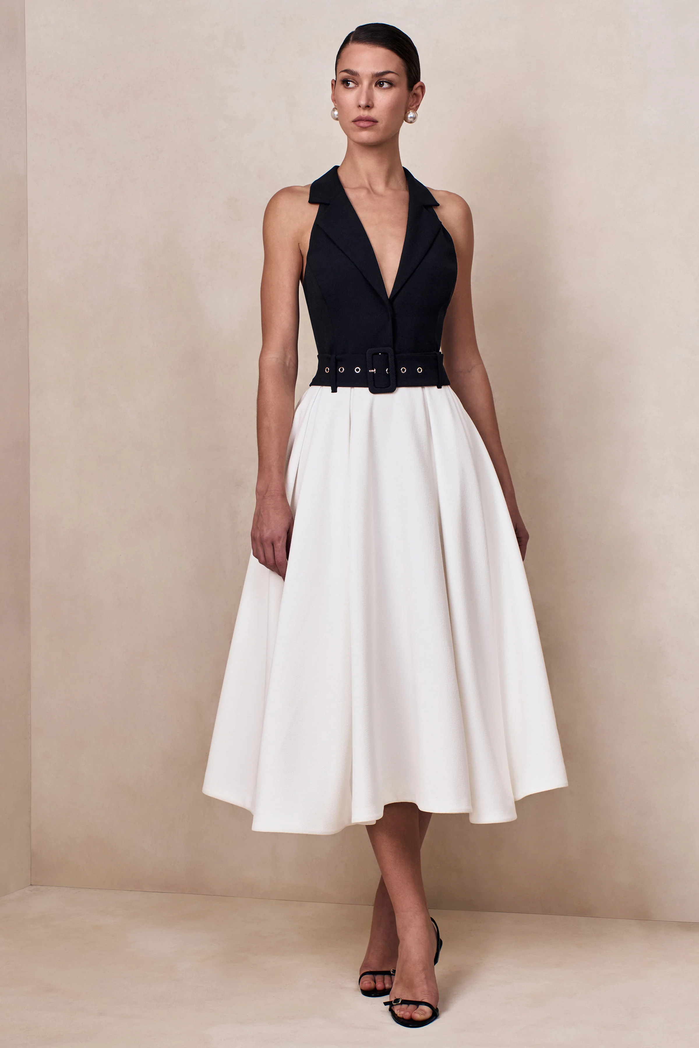Alessa | Black & White Plunge-Neck Tailored Midi Dress - Image 7