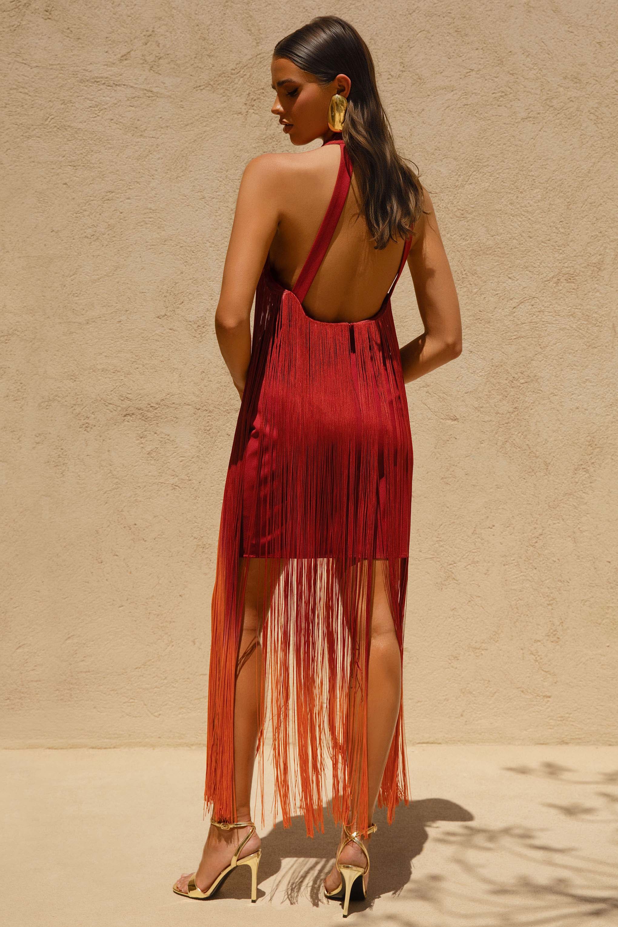 Alessia | Orange Ombre Fringe High-Neck Maxi Dress - Image 3