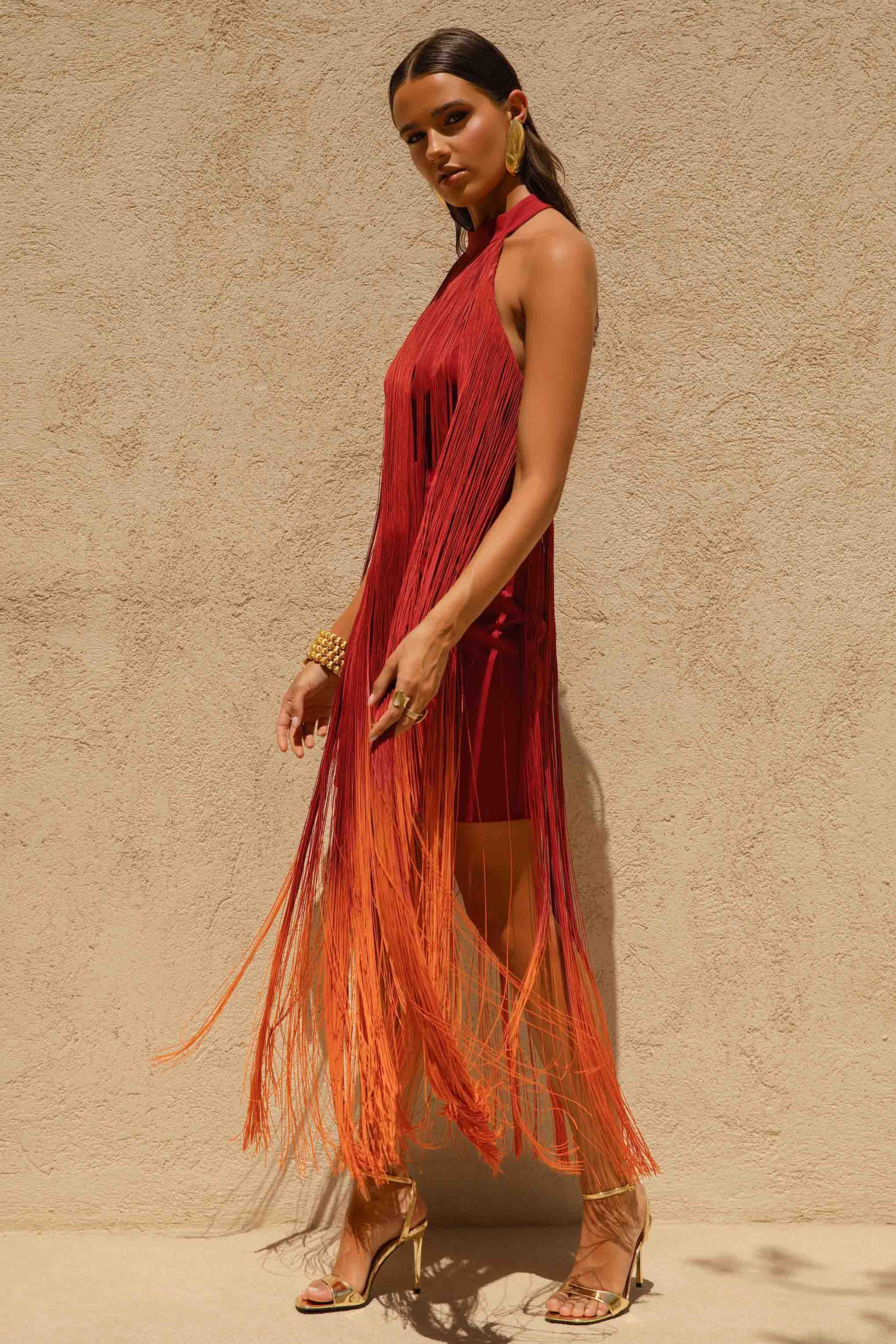 Alessia | Orange Ombre Fringe High-Neck Maxi Dress - Image 4