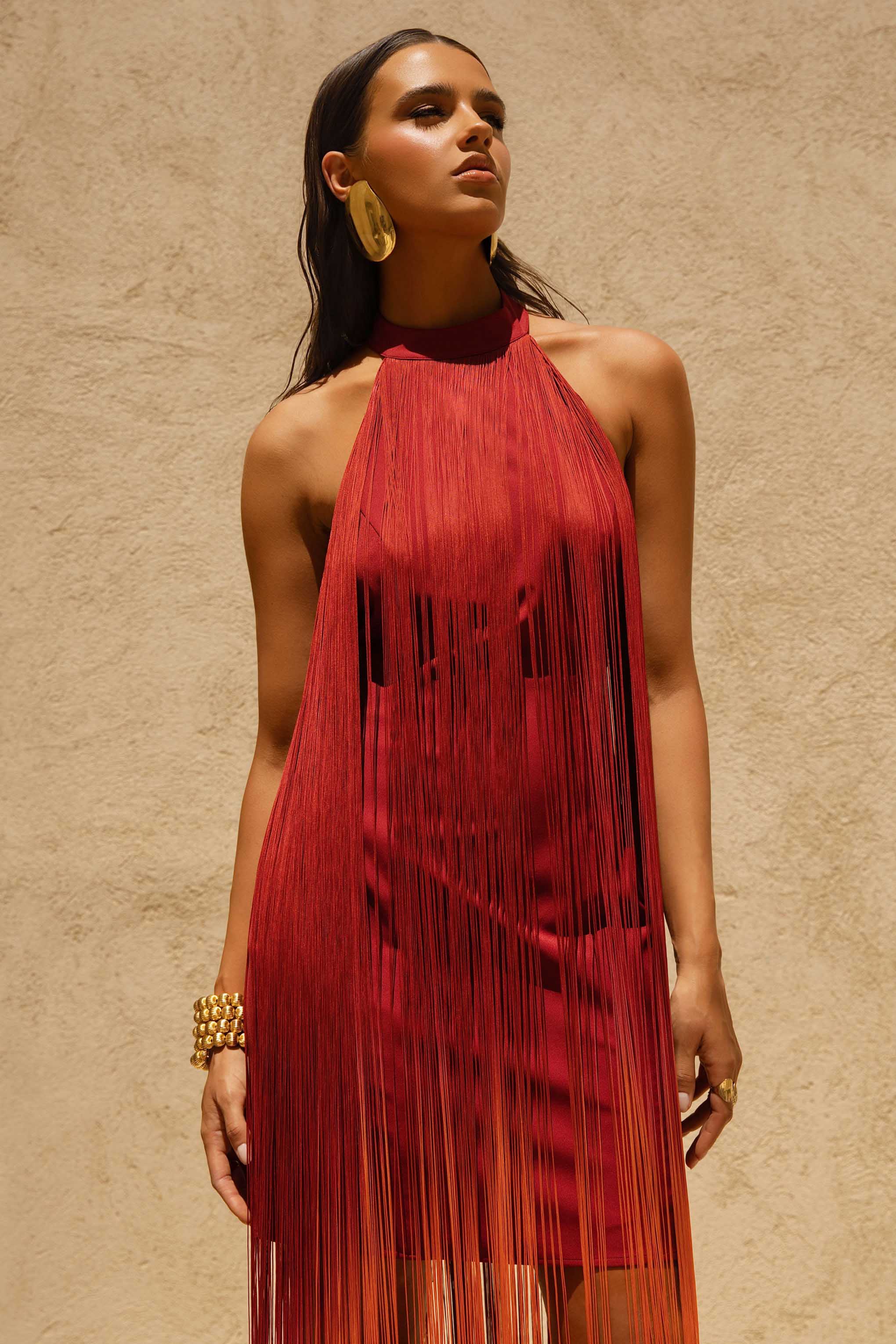 Alessia | Orange Ombre Fringe High-Neck Maxi Dress - Image 5