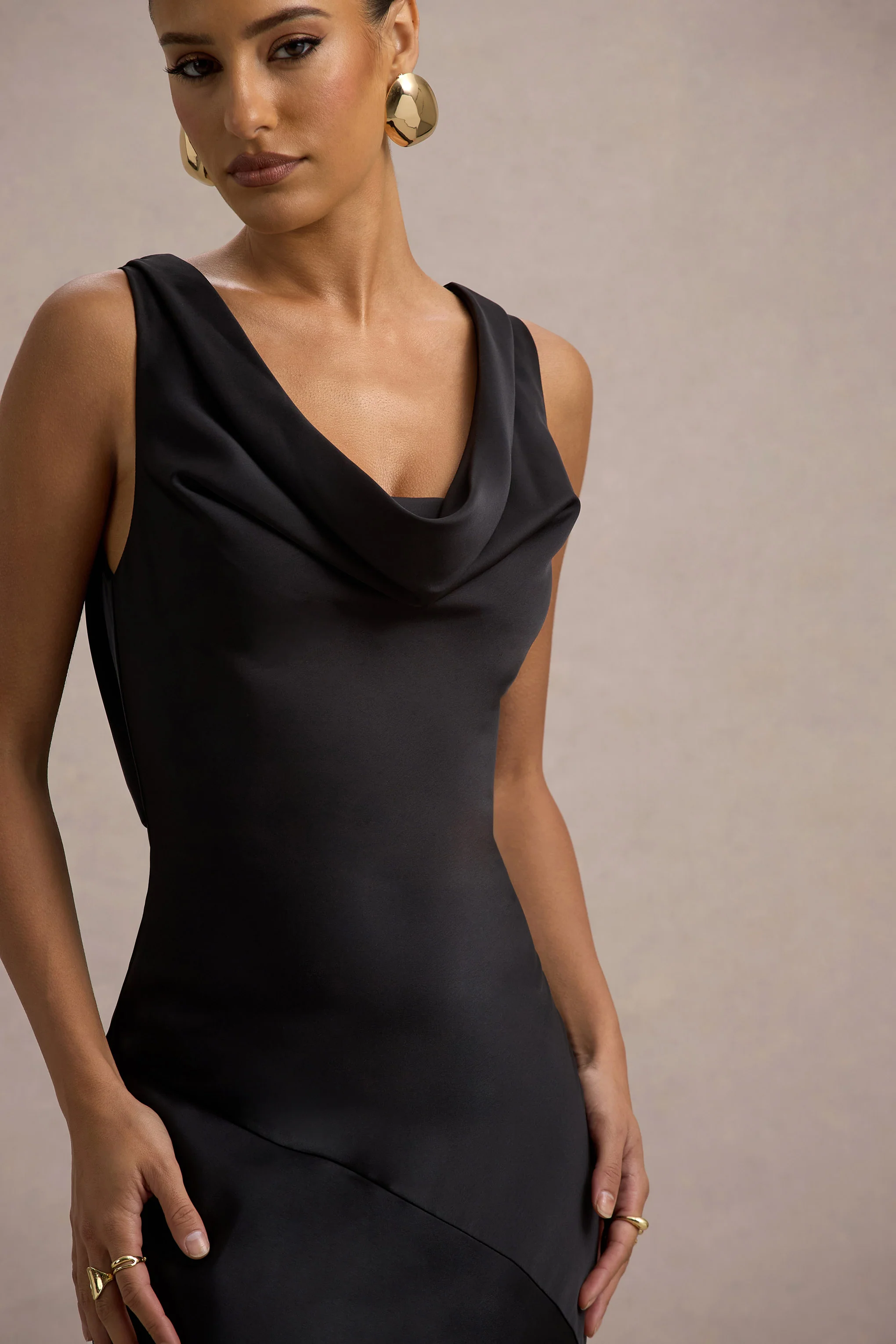 Alesso | Black Satin Cowl-Neck Slip-Maxi Dress - Image 6
