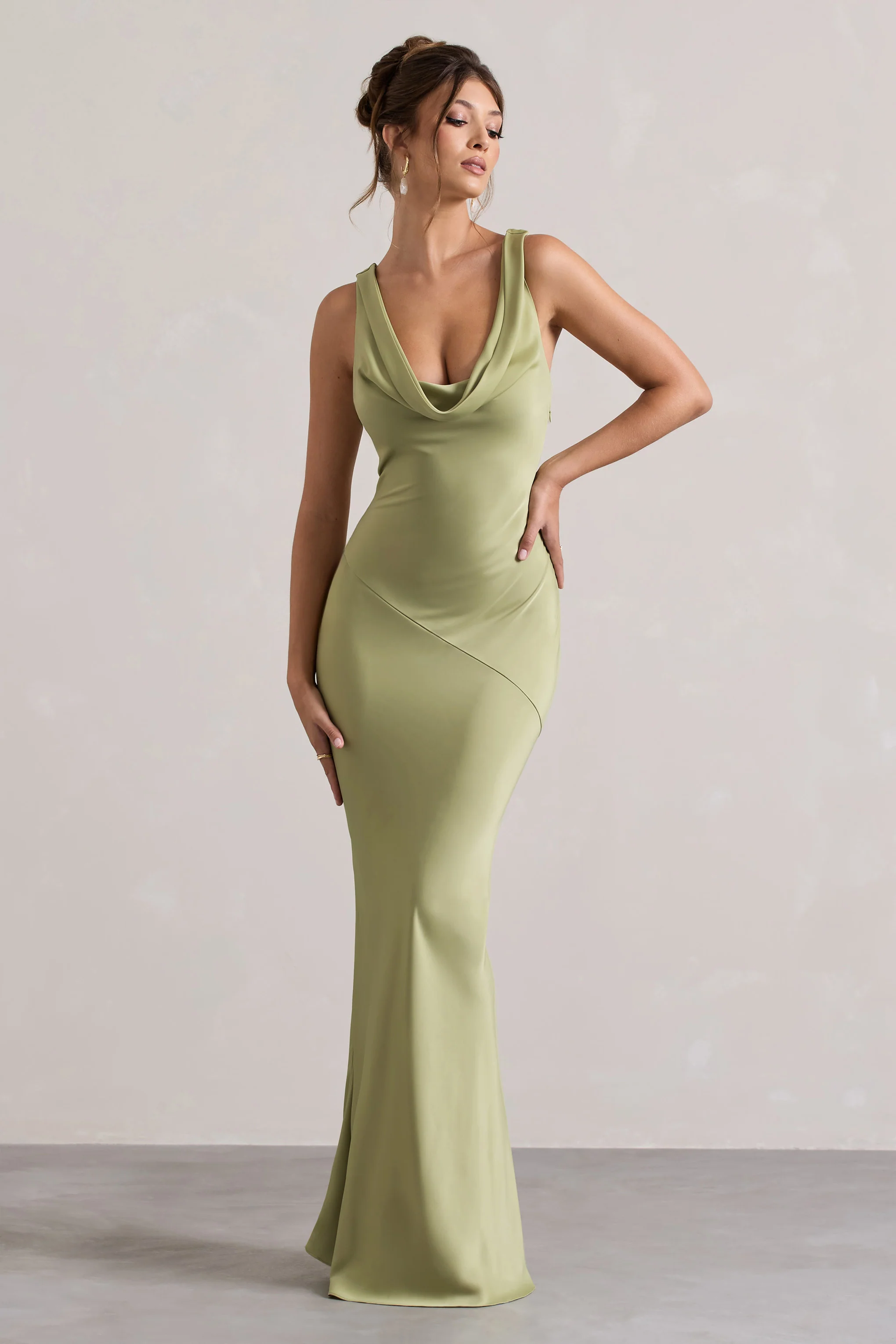 Alesso | Light Olive Satin Cowl-Neck Maxi Dress - Image 4