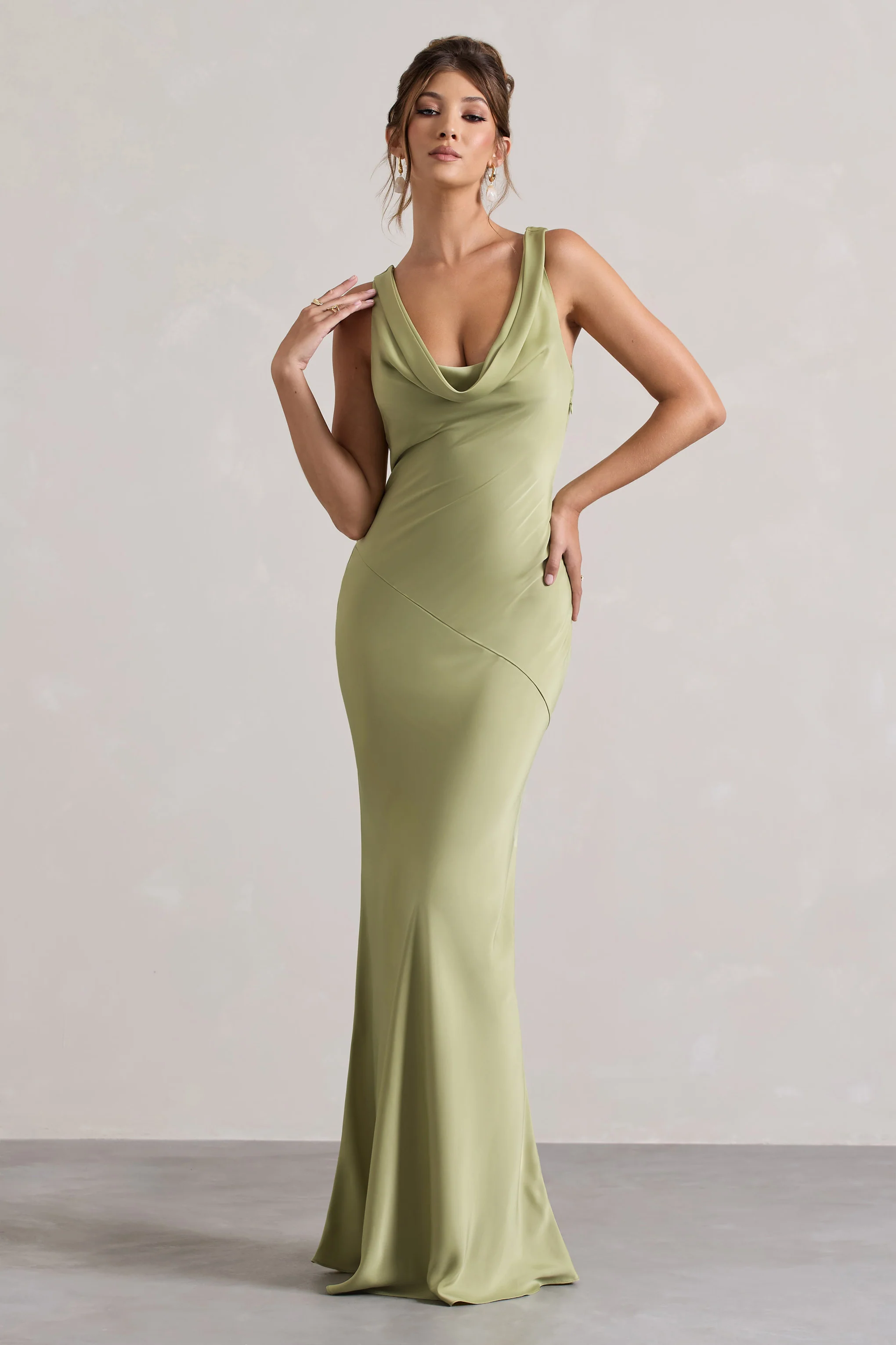 Alesso | Light Olive Satin Cowl-Neck Maxi Dress - Image 5