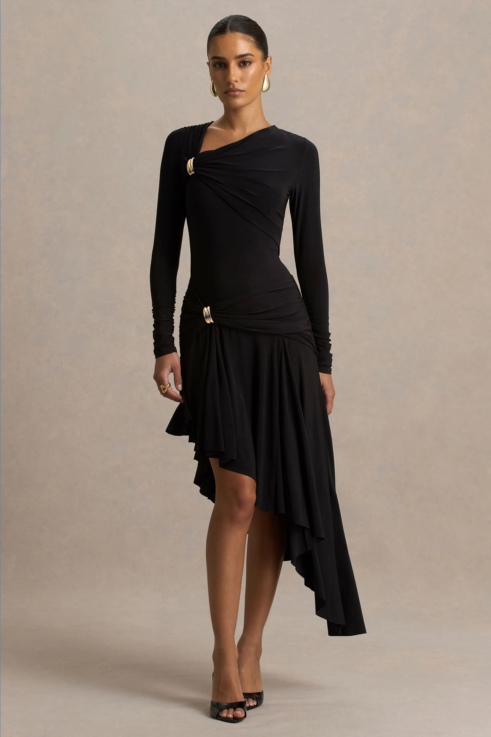 Alexia | Black Asymmetric-Neck Maxi Dress With Gold-Details - Image 5