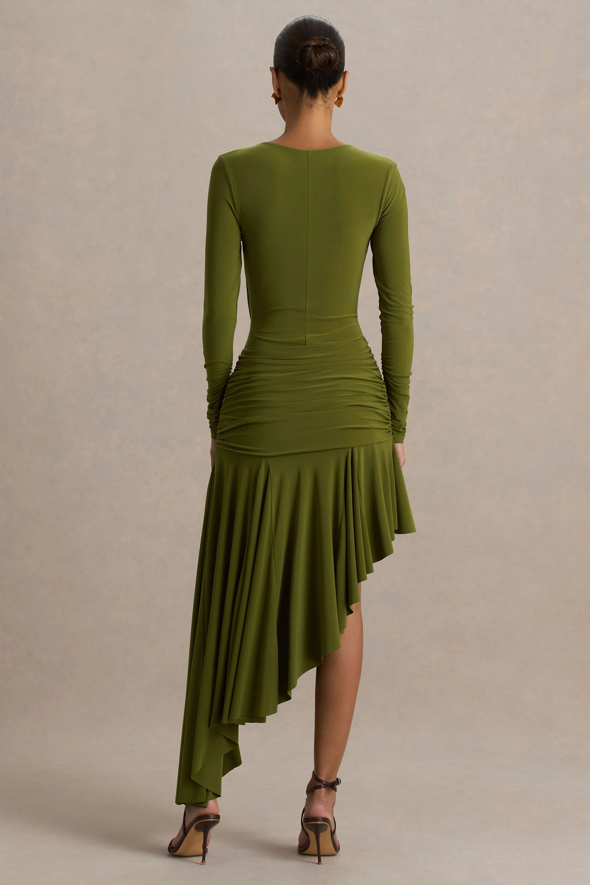 Alexia | Green Asymmetric-Neck Maxi Dress With Gold-Details - Image 2