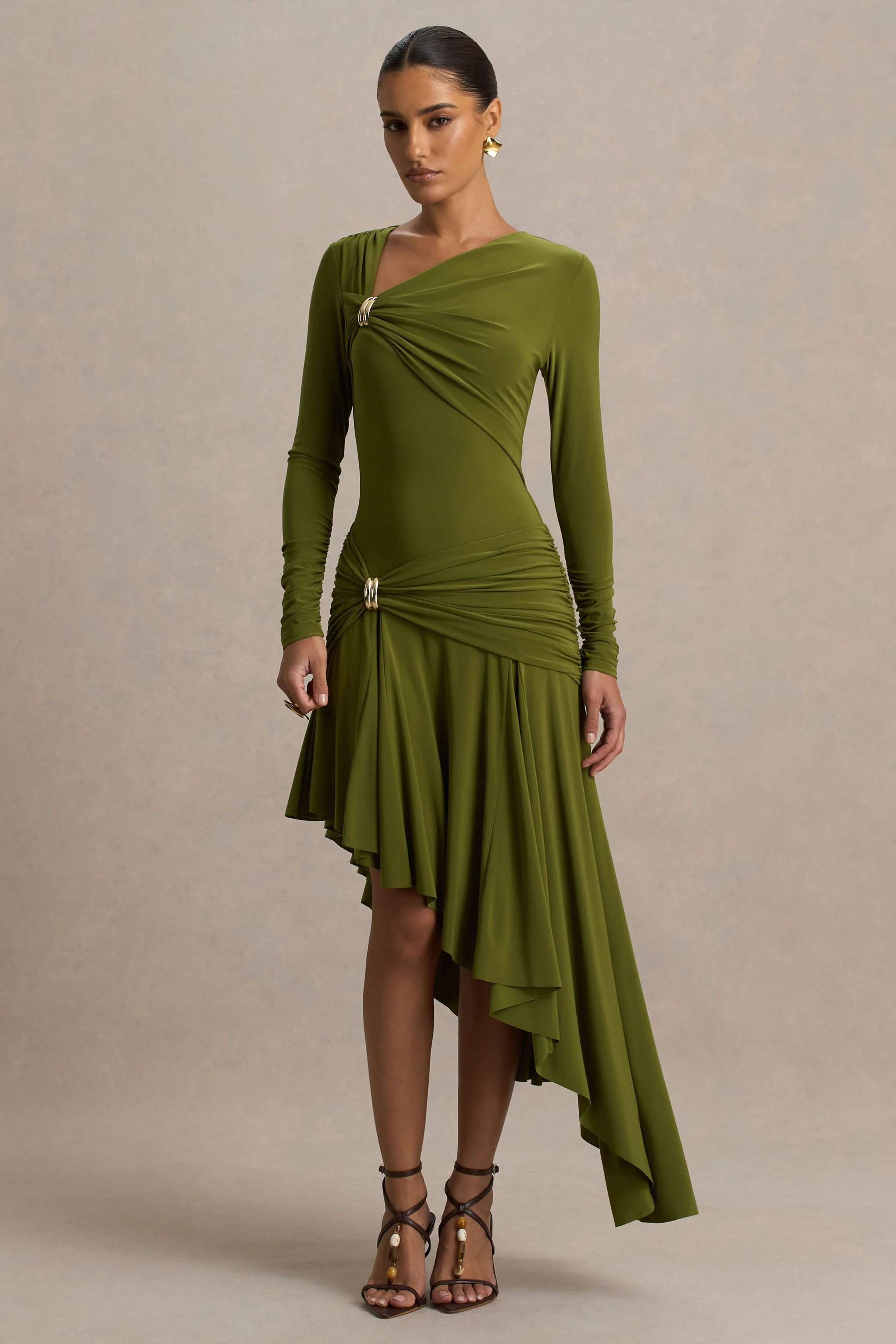 Alexia | Green Asymmetric-Neck Maxi Dress With Gold-Details - Image 4