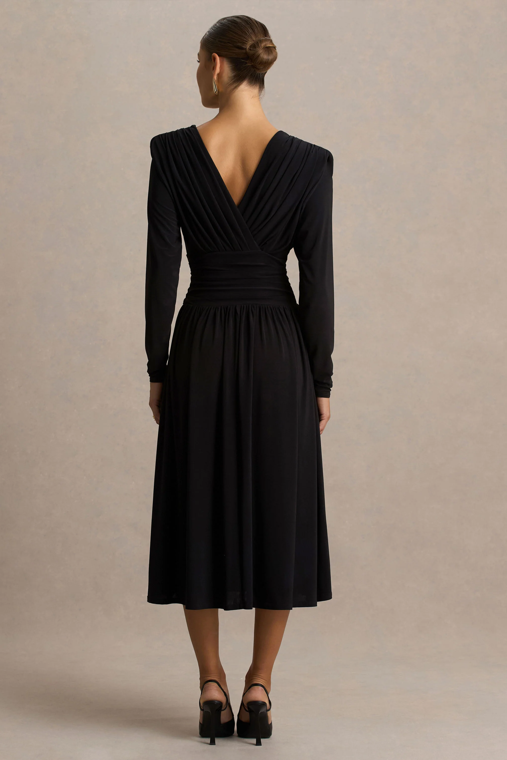 Alexis | Black Plunge-Neck Midi Dress With Draped And Ruched Detailing - Image 2