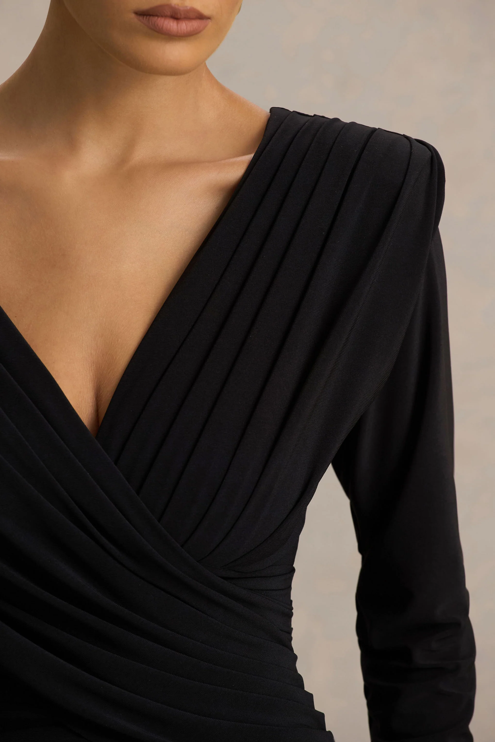 Alexis | Black Plunge-Neck Midi Dress With Draped And Ruched Detailing - Image 3