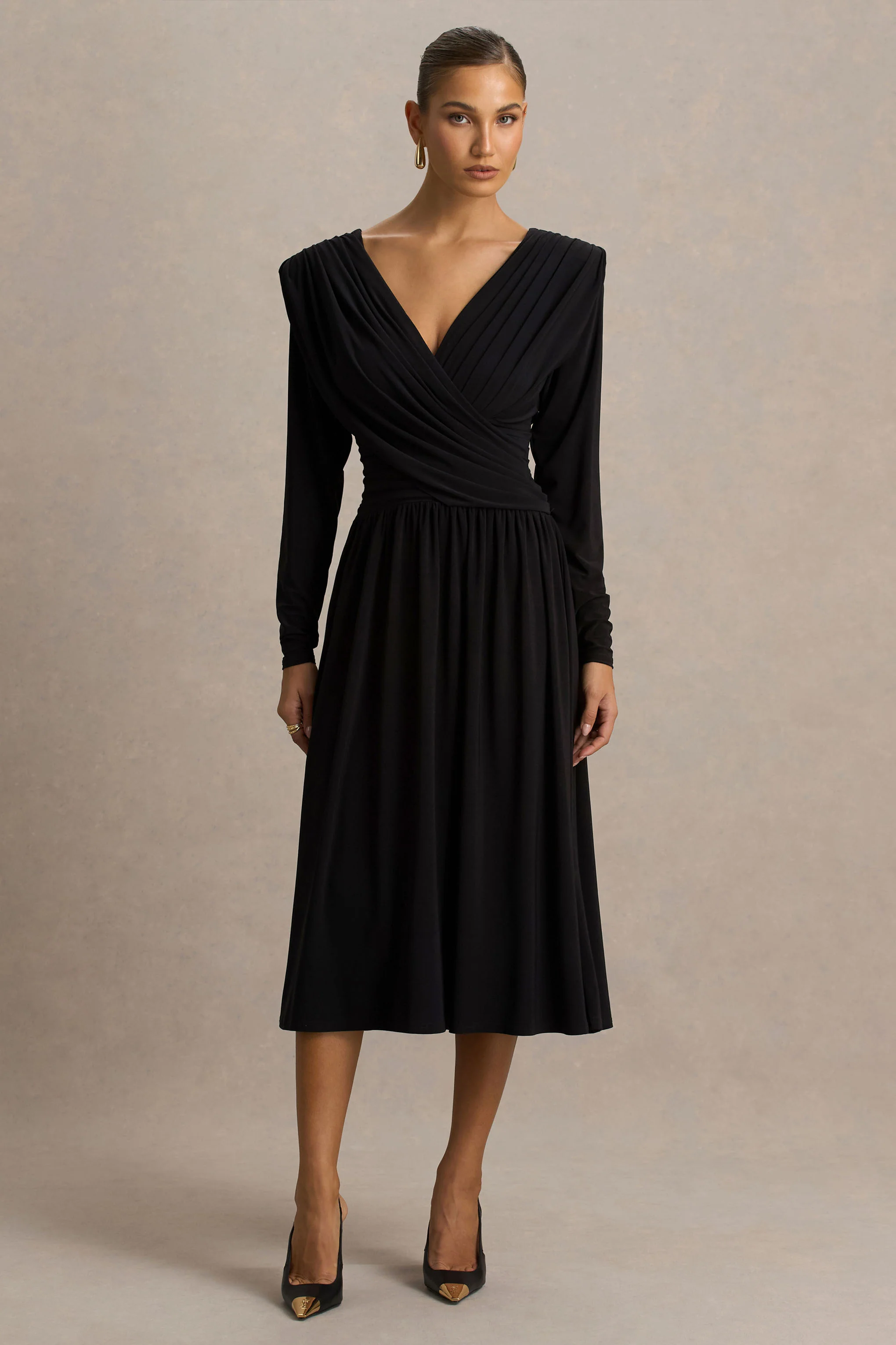Alexis | Black Plunge-Neck Midi Dress With Draped And Ruched Detailing - Image 4