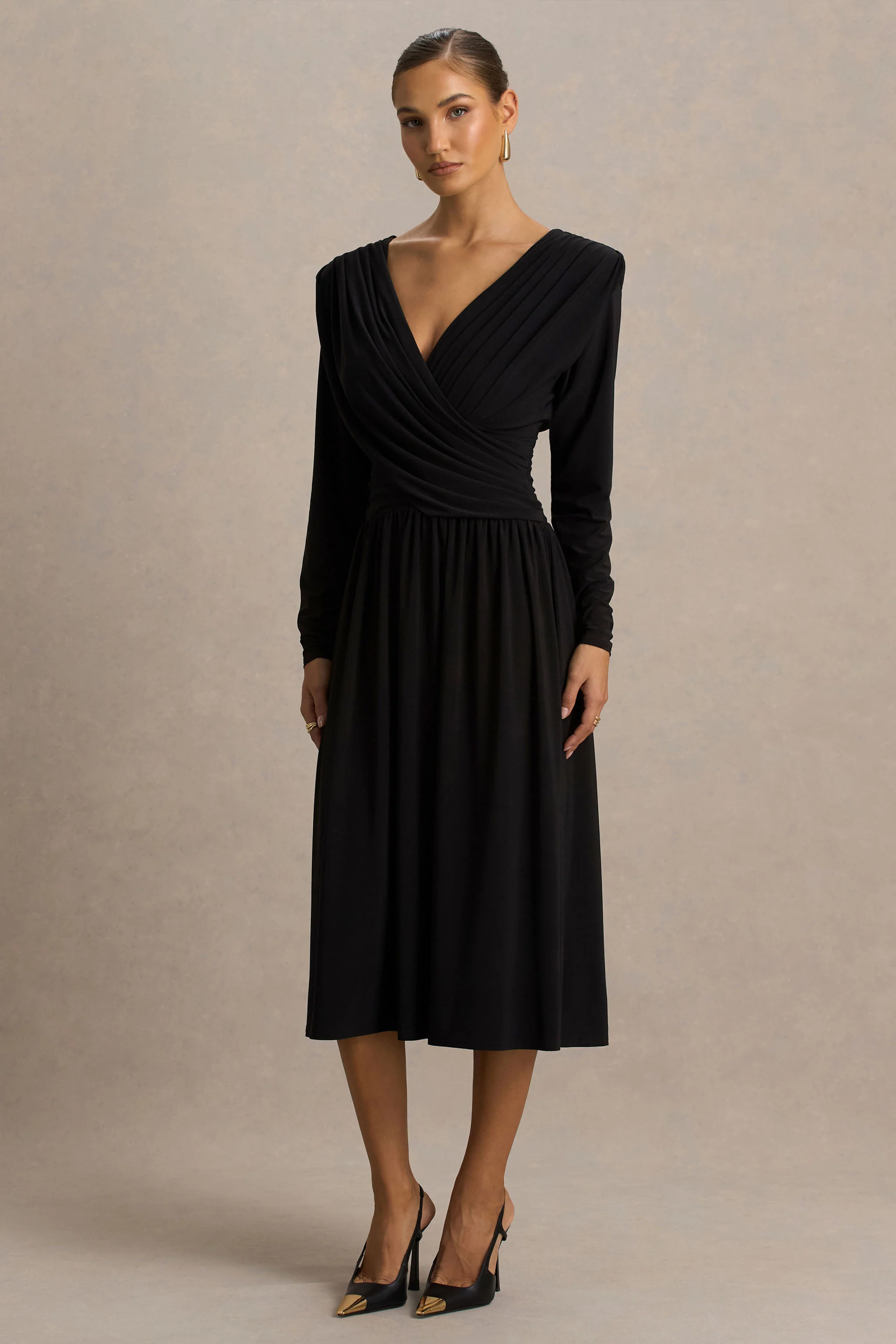 Alexis | Black Plunge-Neck Midi Dress With Draped And Ruched Detailing - Image 5
