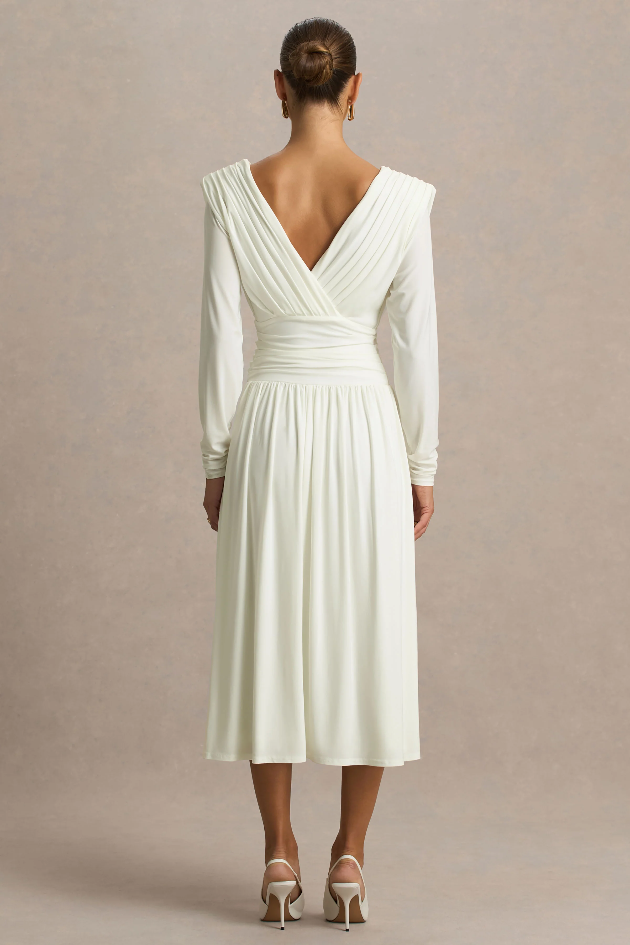 Alexis | Cream Plunge-Neck Midi Dress With Draped And Ruched Detailing - Image 2