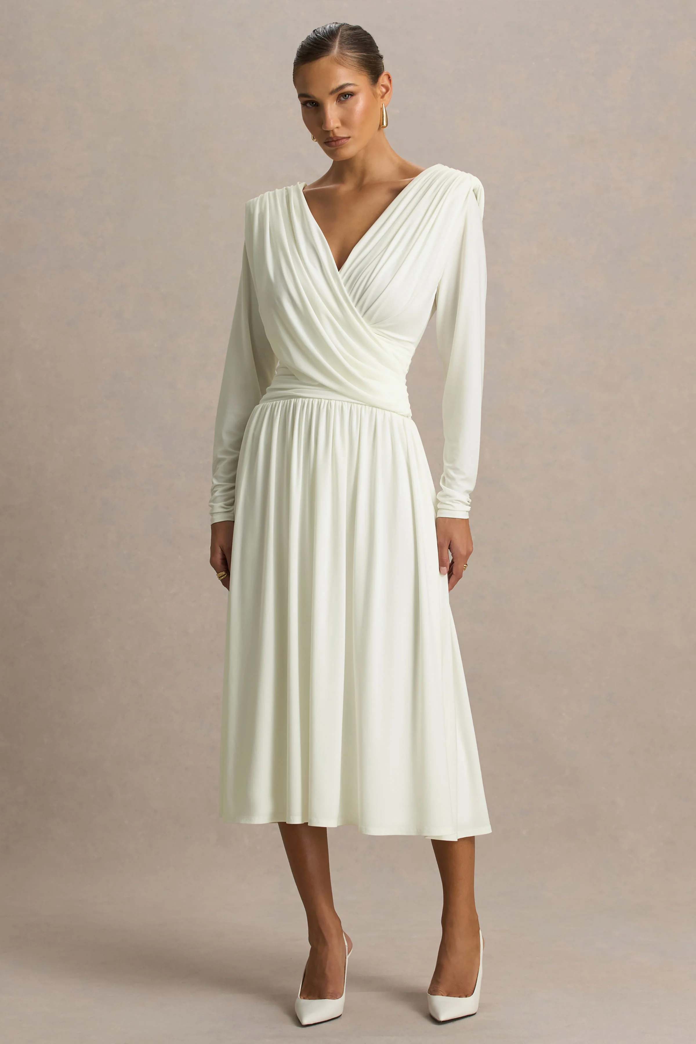 Alexis | Cream Plunge-Neck Midi Dress With Draped And Ruched Detailing - Image 4