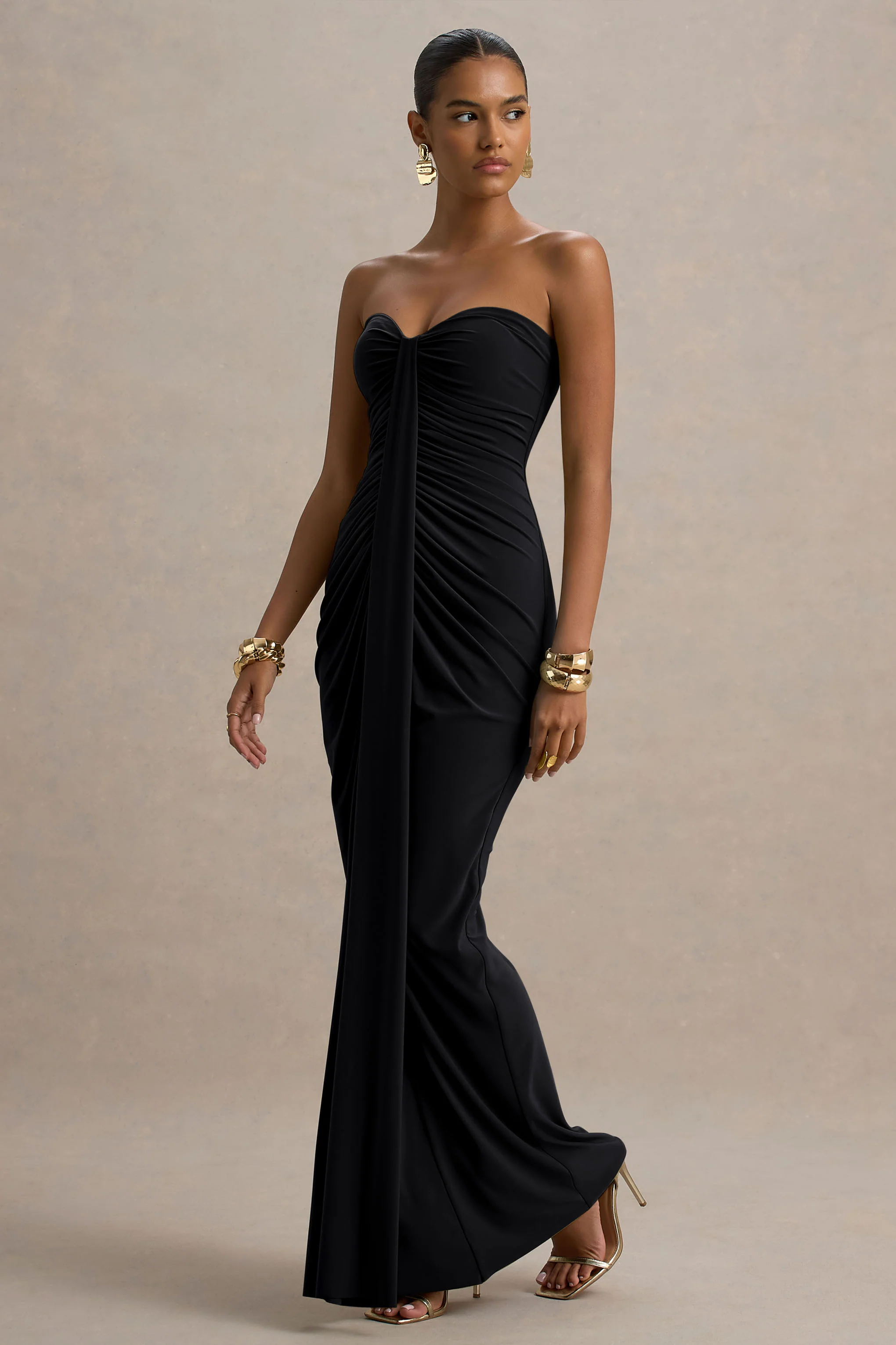 Ali | Black Sweetheart Ruched Wrap Maxi Dress - Image 4
