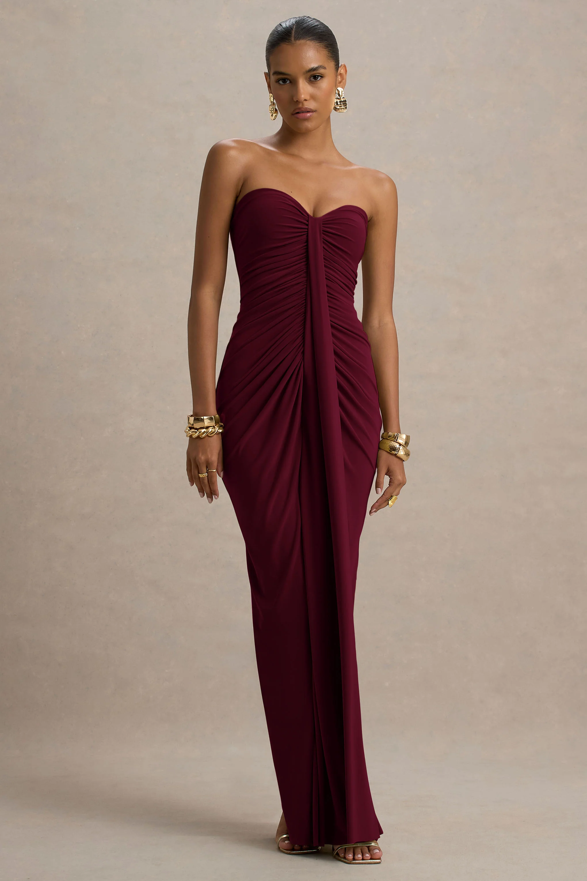 Ali | Burgundy Sweetheart Ruched Wrap Maxi Dress - Image 3