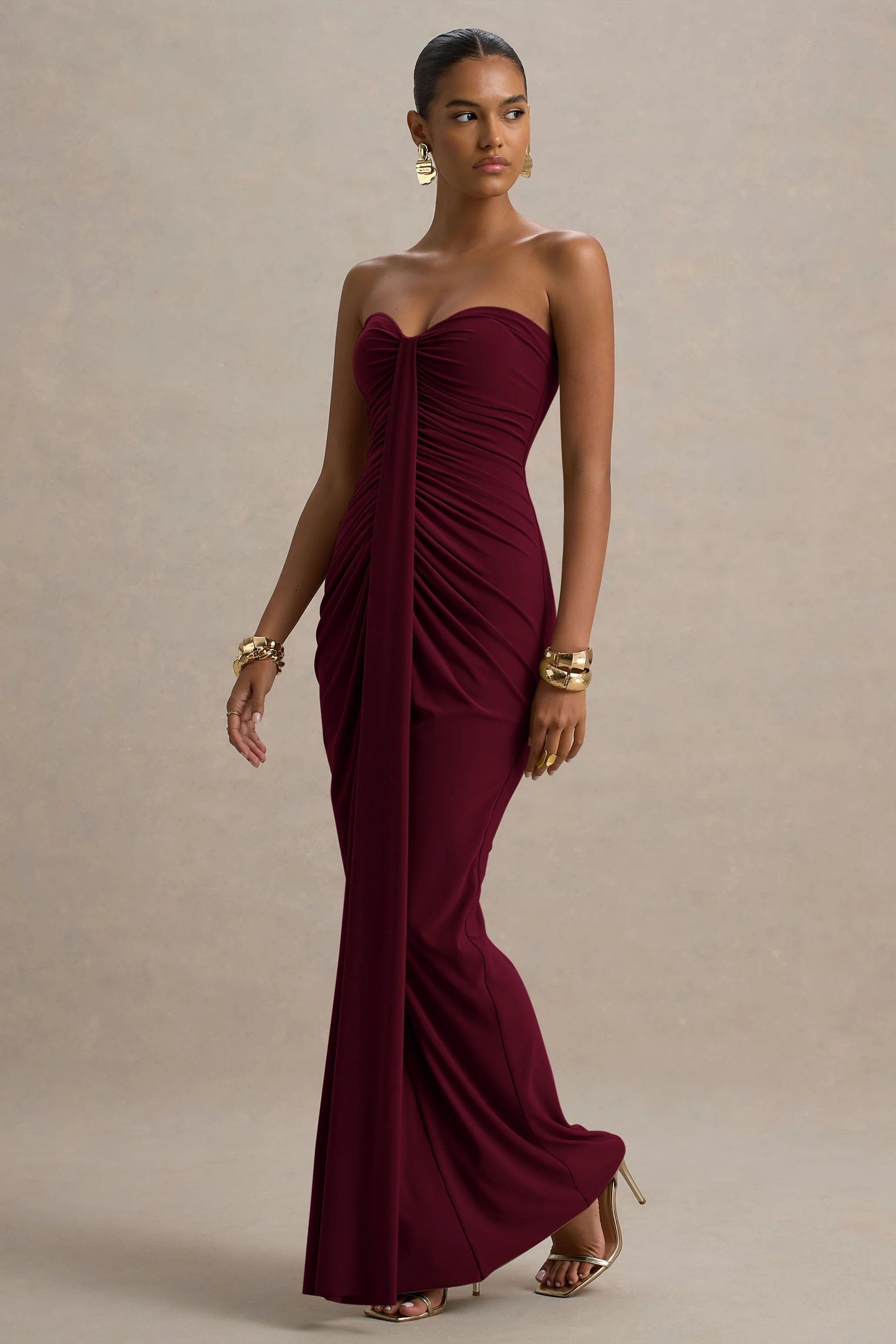 Ali | Burgundy Sweetheart Ruched Wrap Maxi Dress - Image 4