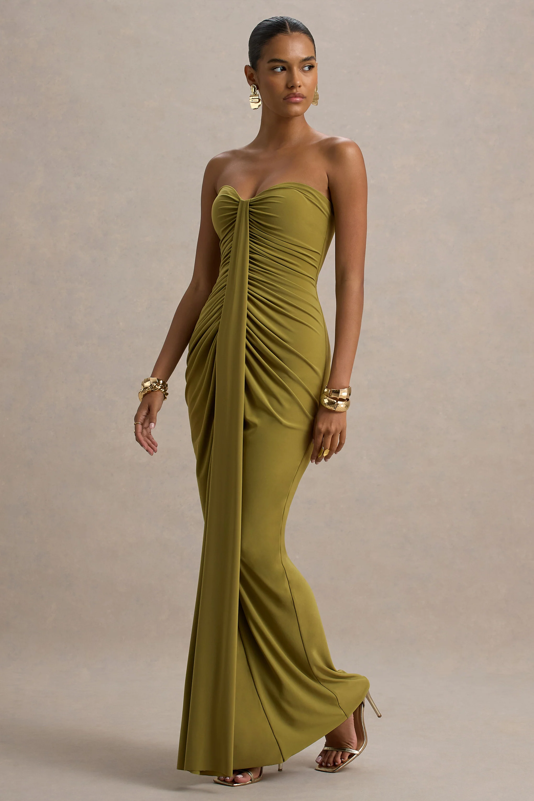 Ali | Olive Sweetheart Ruched Wrap Maxi Dress - Image 5