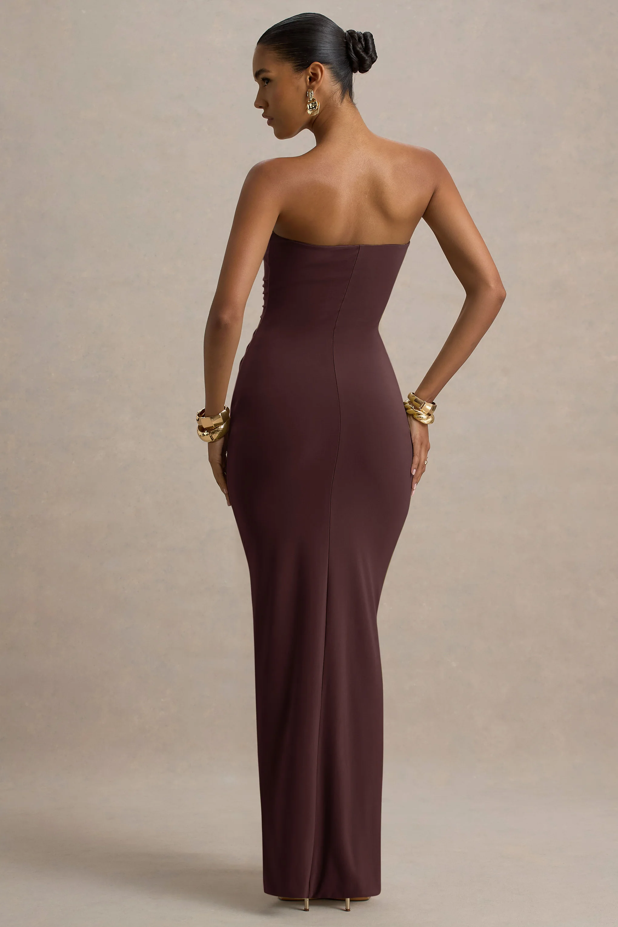 Ali | Warm Brown Sweetheart Ruched Wrap Maxi Dress - Image 2