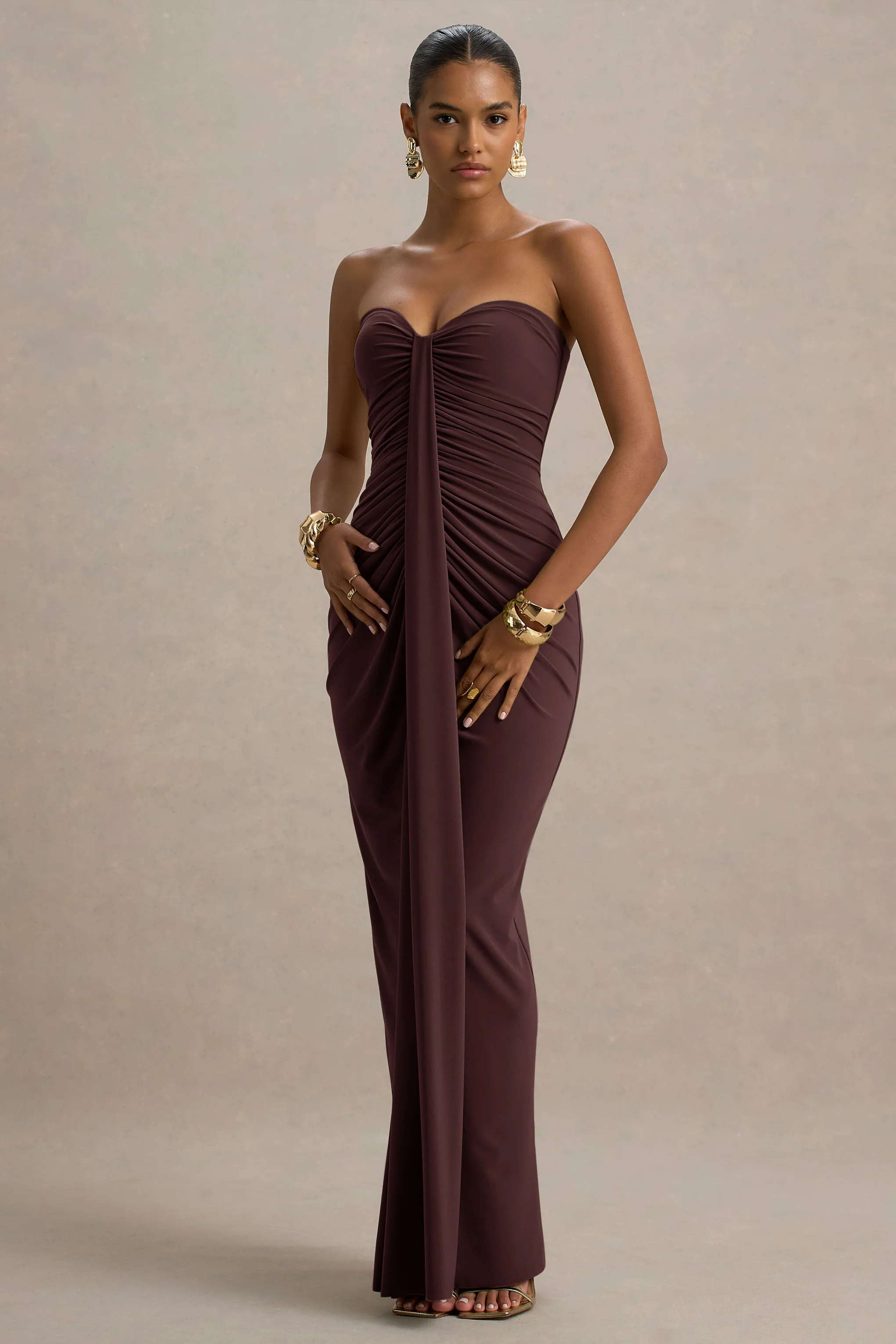 Ali | Warm Brown Sweetheart Ruched Wrap Maxi Dress - Image 4