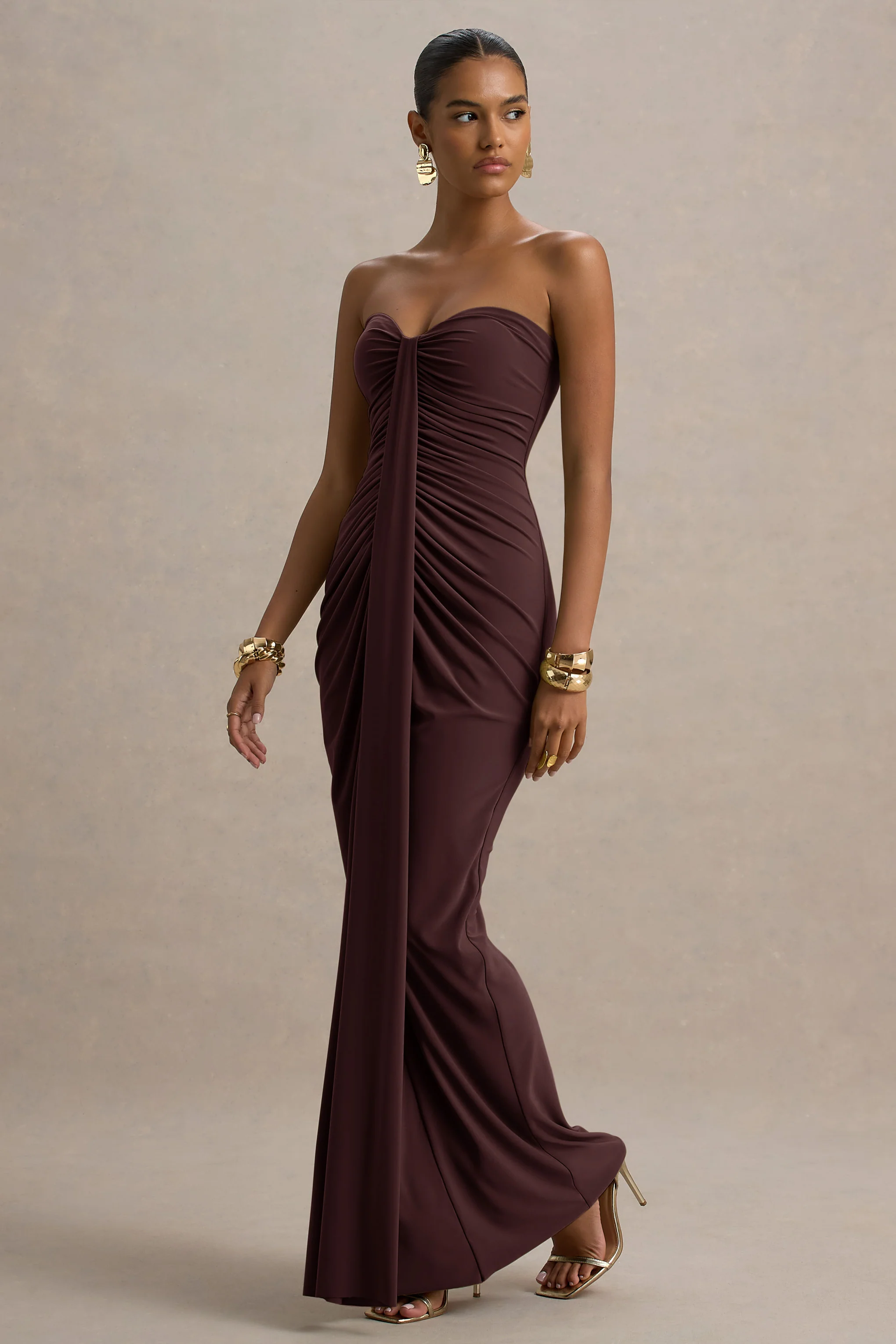 Ali | Warm Brown Sweetheart Ruched Wrap Maxi Dress - Image 5