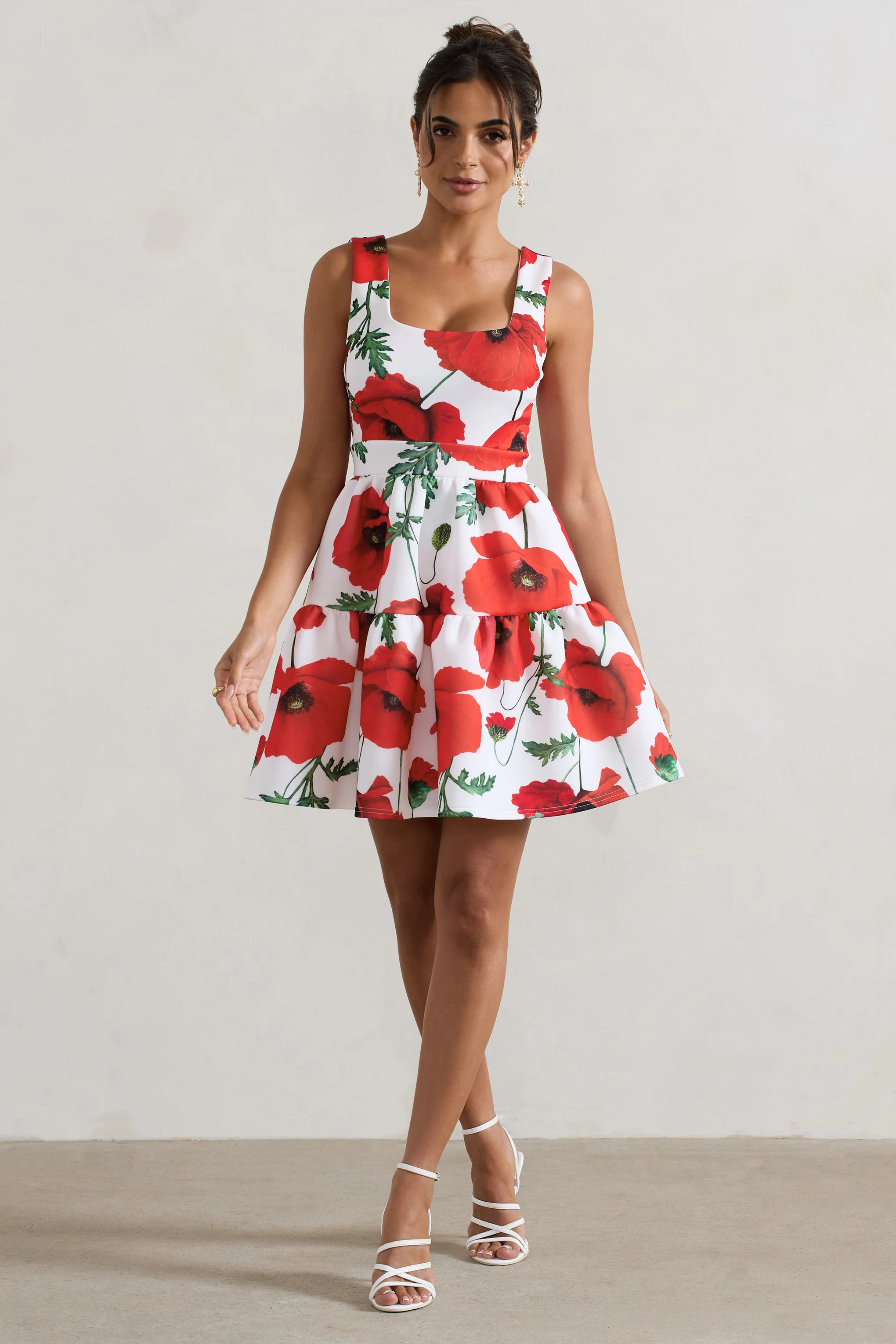 Alia | Poppy Print Scoop-Neck Tiered Volume Hem Mini Dress - Image 4