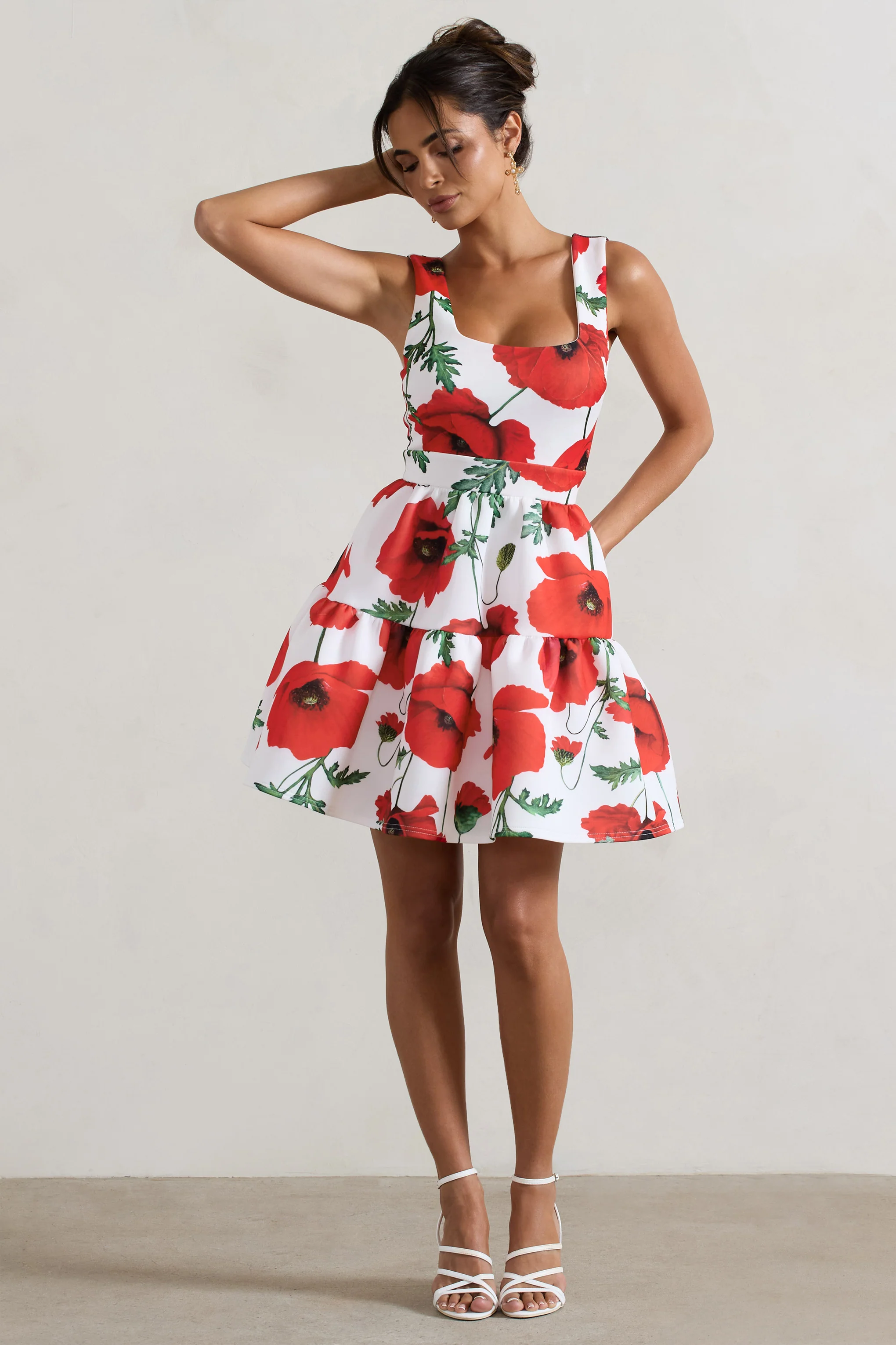 Alia | Poppy Print Scoop-Neck Tiered Volume Hem Mini Dress - Image 5