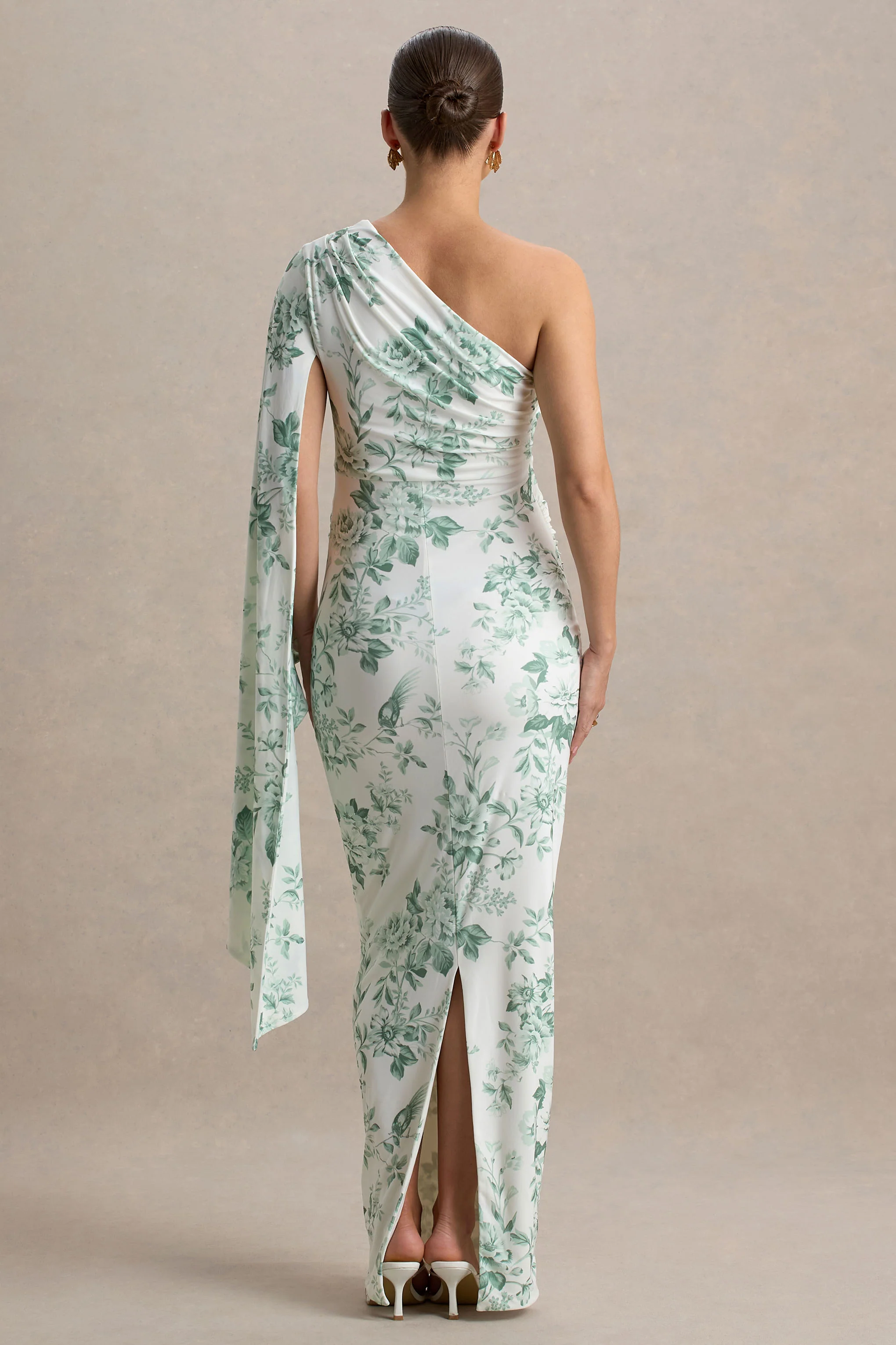Aliana | Green Porcelain Print Asymmetric Maternity Maxi Dress With Ruched Detailing - Image 2