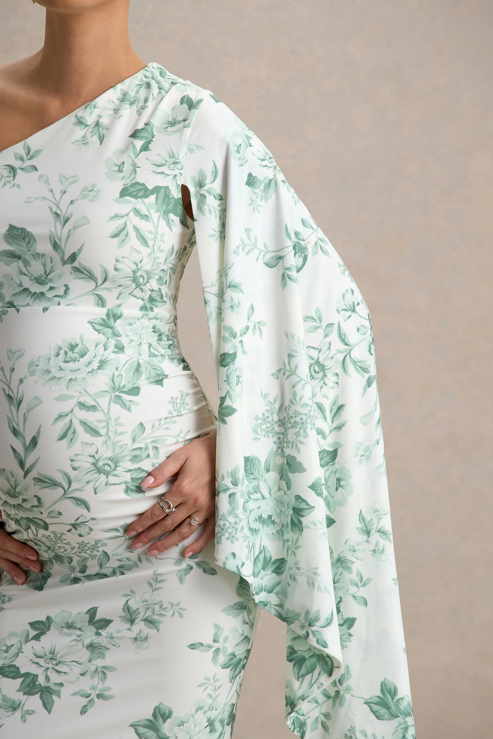 Aliana | Green Porcelain Print Asymmetric Maternity Maxi Dress With Ruched Detailing - Image 3