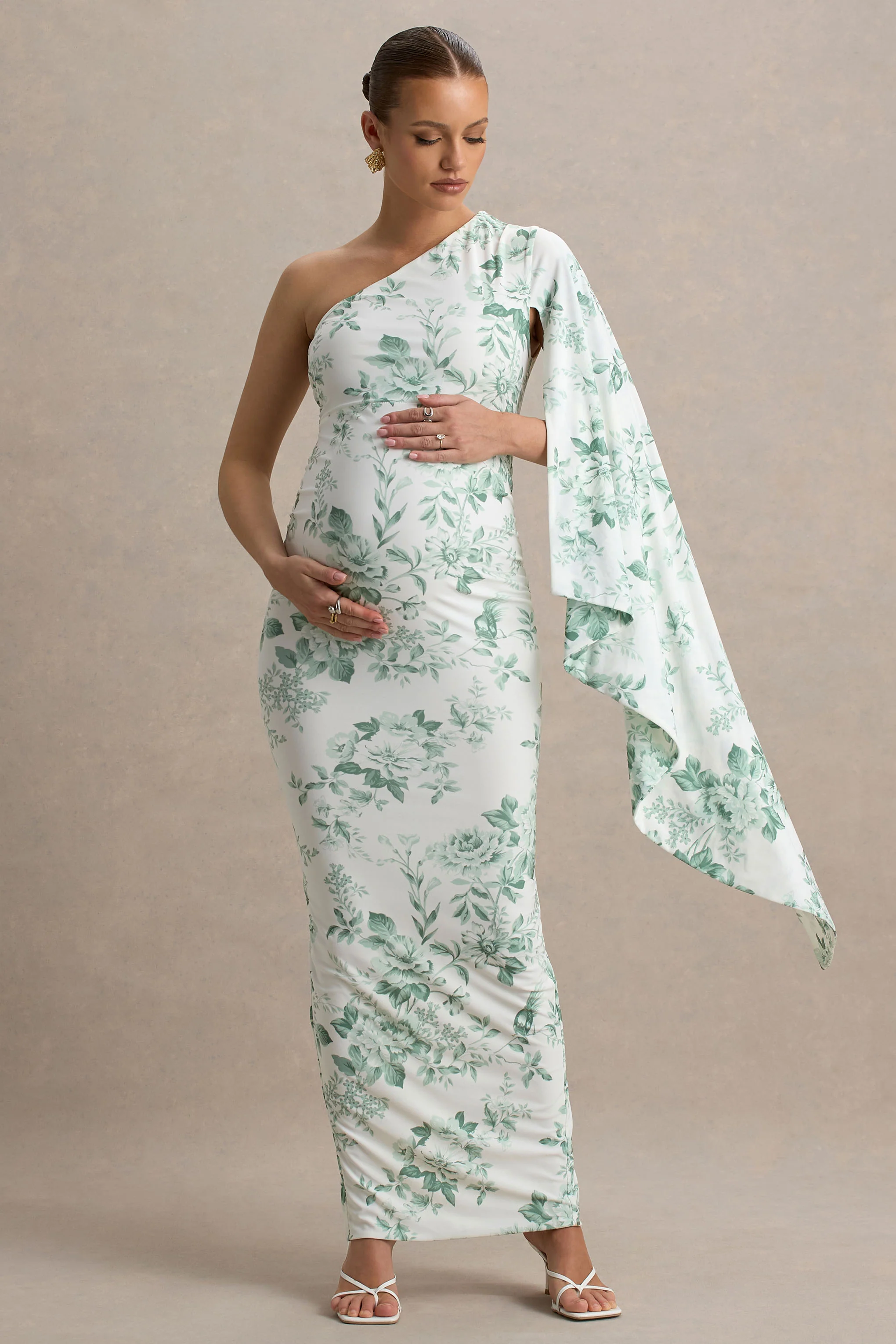 Aliana | Green Porcelain Print Asymmetric Maternity Maxi Dress With Ruched Detailing - Image 4