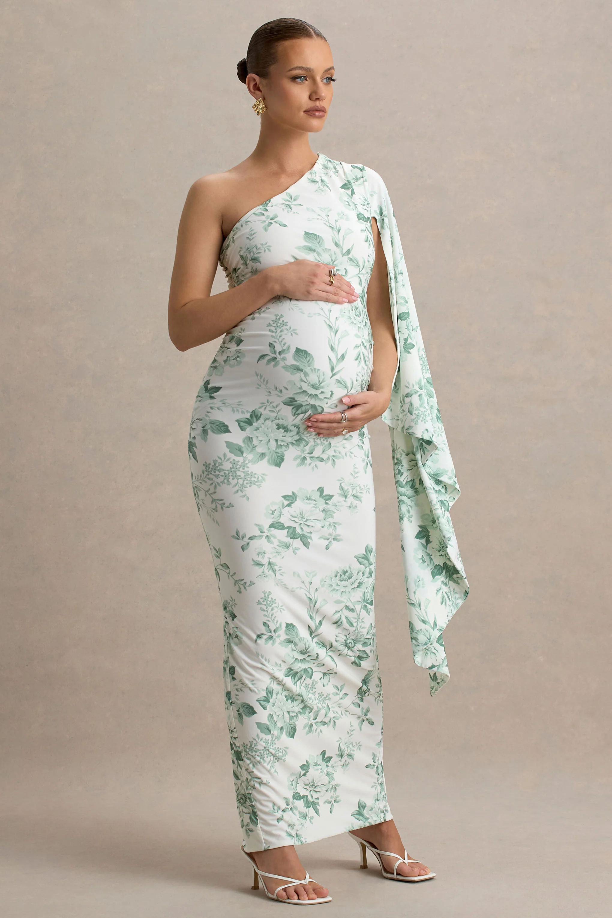 Aliana | Green Porcelain Print Asymmetric Maternity Maxi Dress With Ruched Detailing - Image 5