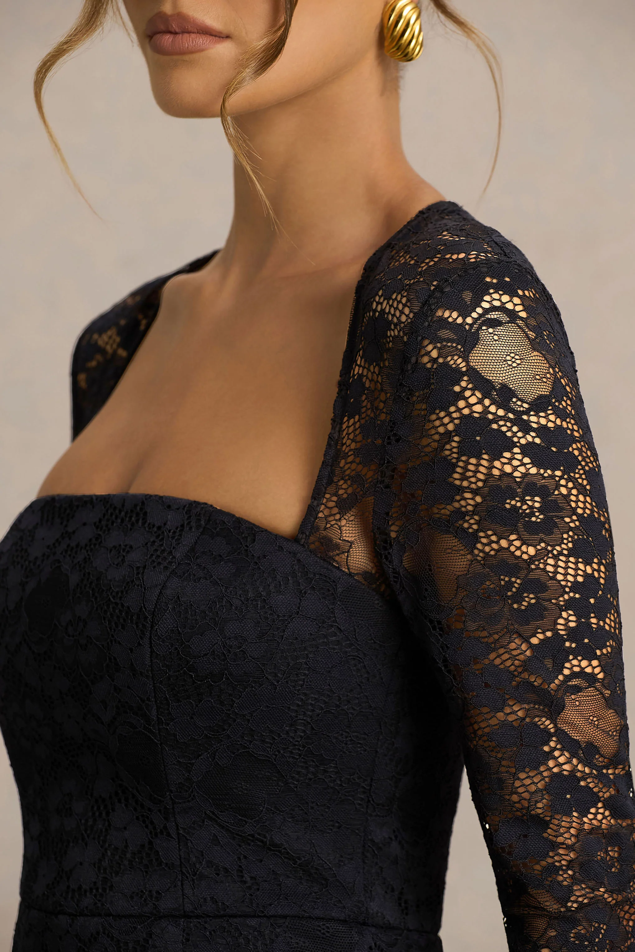 Alissa | Black Lace Square-Neck Midi Dress - Image 3