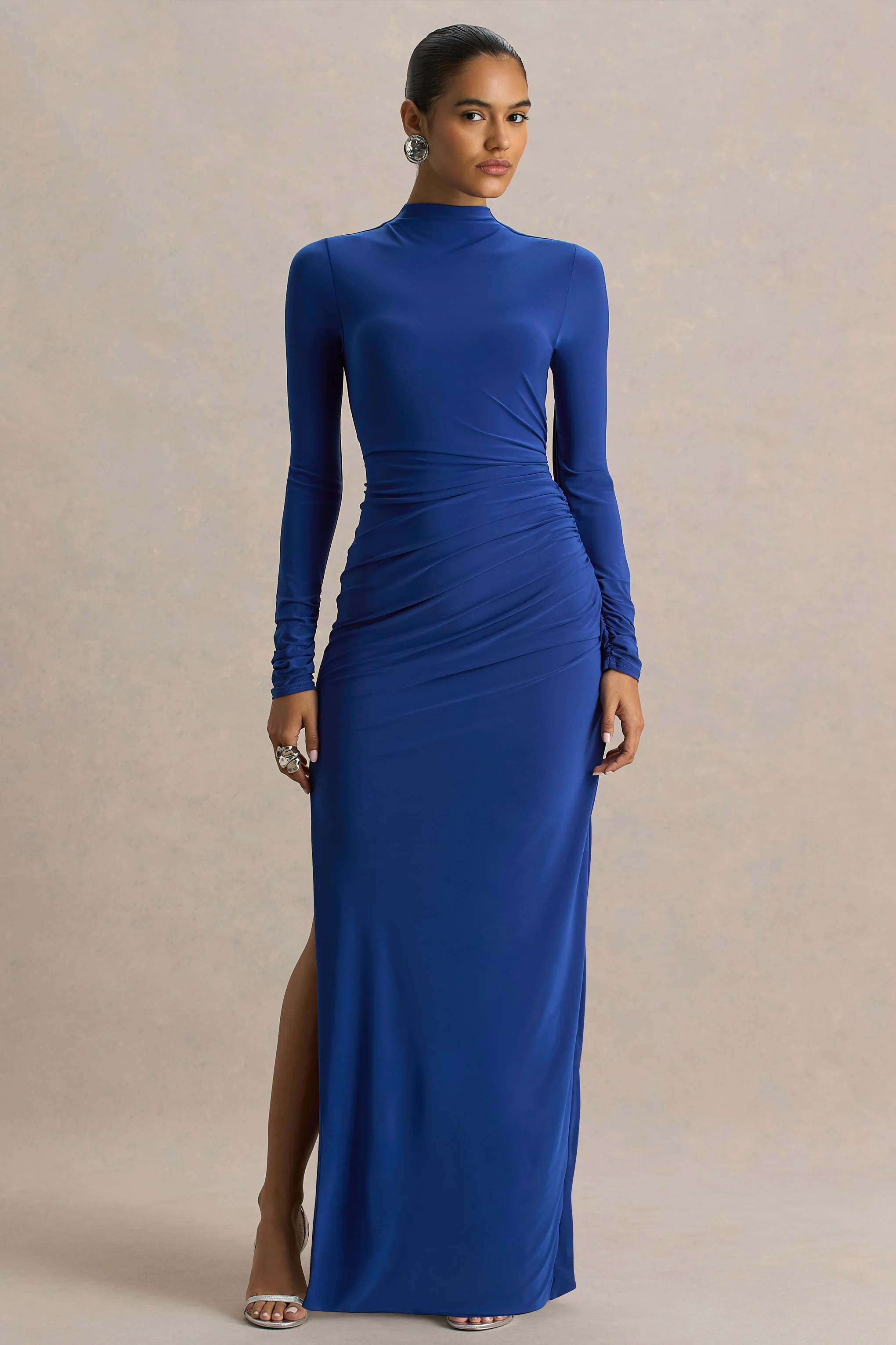 Alluring | Blue High Neck Maxi Dress With Ruched Detailing - Image 3