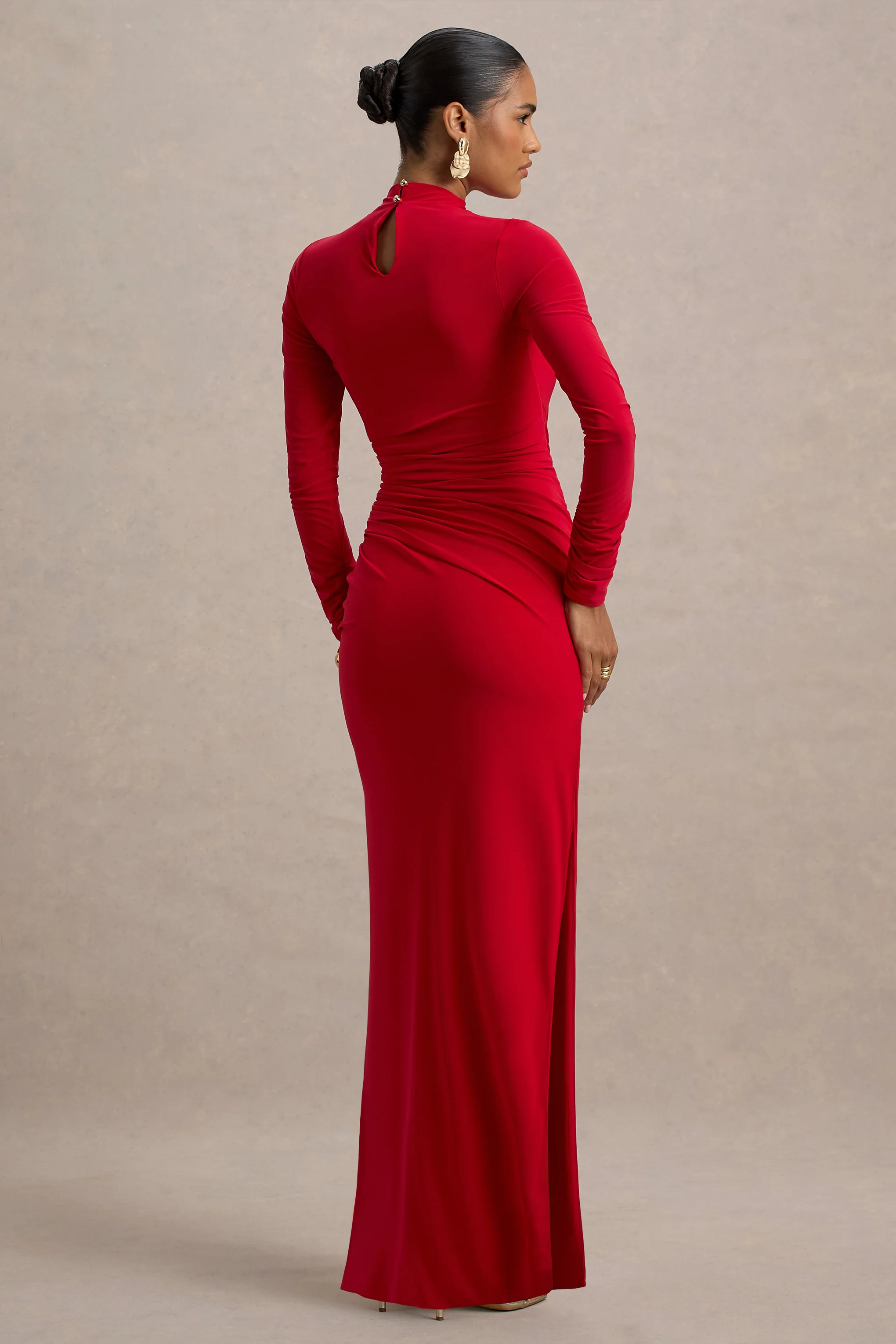 Alluring | Red High Neck Maxi Dress With Ruched Detailing - Image 2
