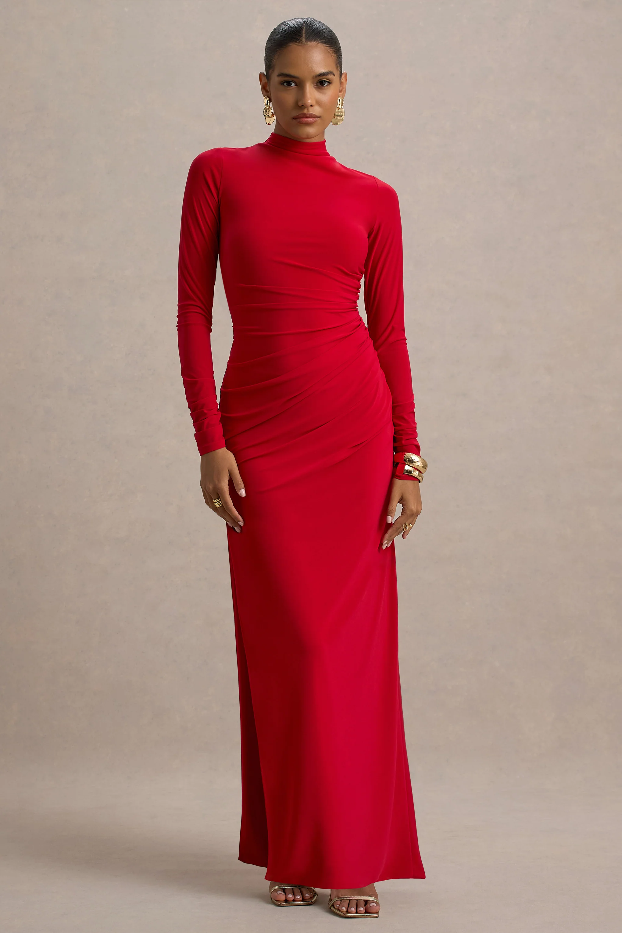 Alluring | Red High Neck Maxi Dress With Ruched Detailing - Image 4