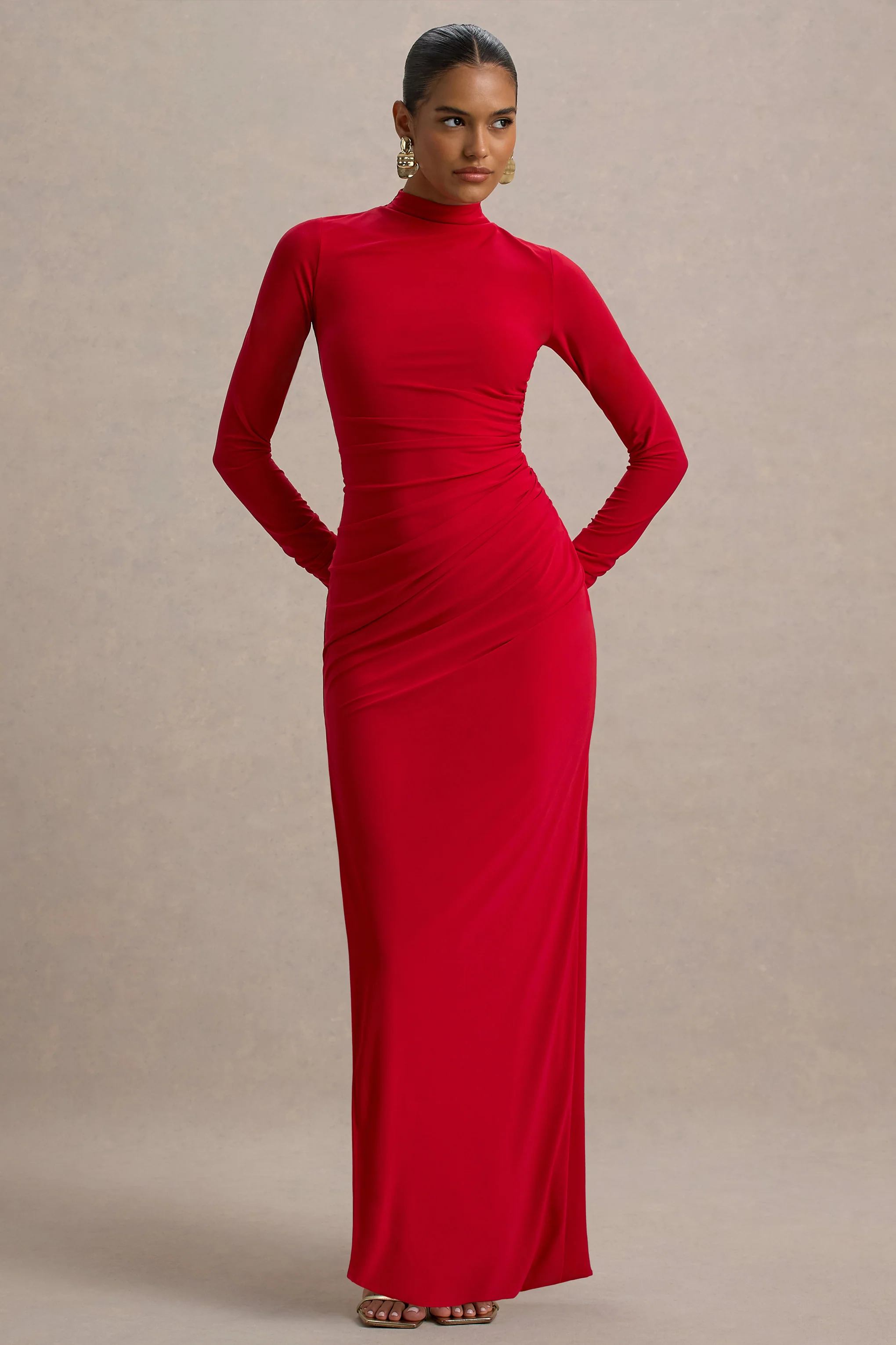Alluring | Red High Neck Maxi Dress With Ruched Detailing - Image 5